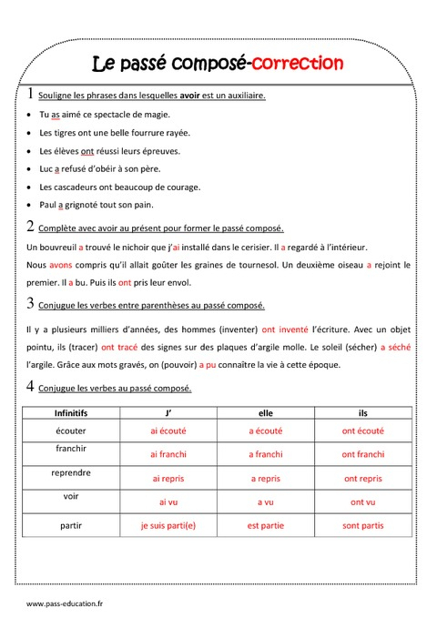 Passé Composé - Ce2 - Exercices Corrigés - Pass Education tout Coloriage Passé Composé