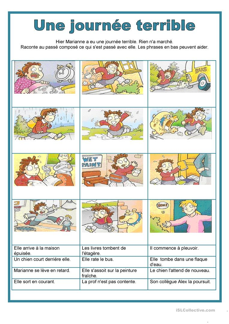 Passé Composé - Une Journée Terrible - Français Fle Fiches avec Coloriage Codé Passé Composé