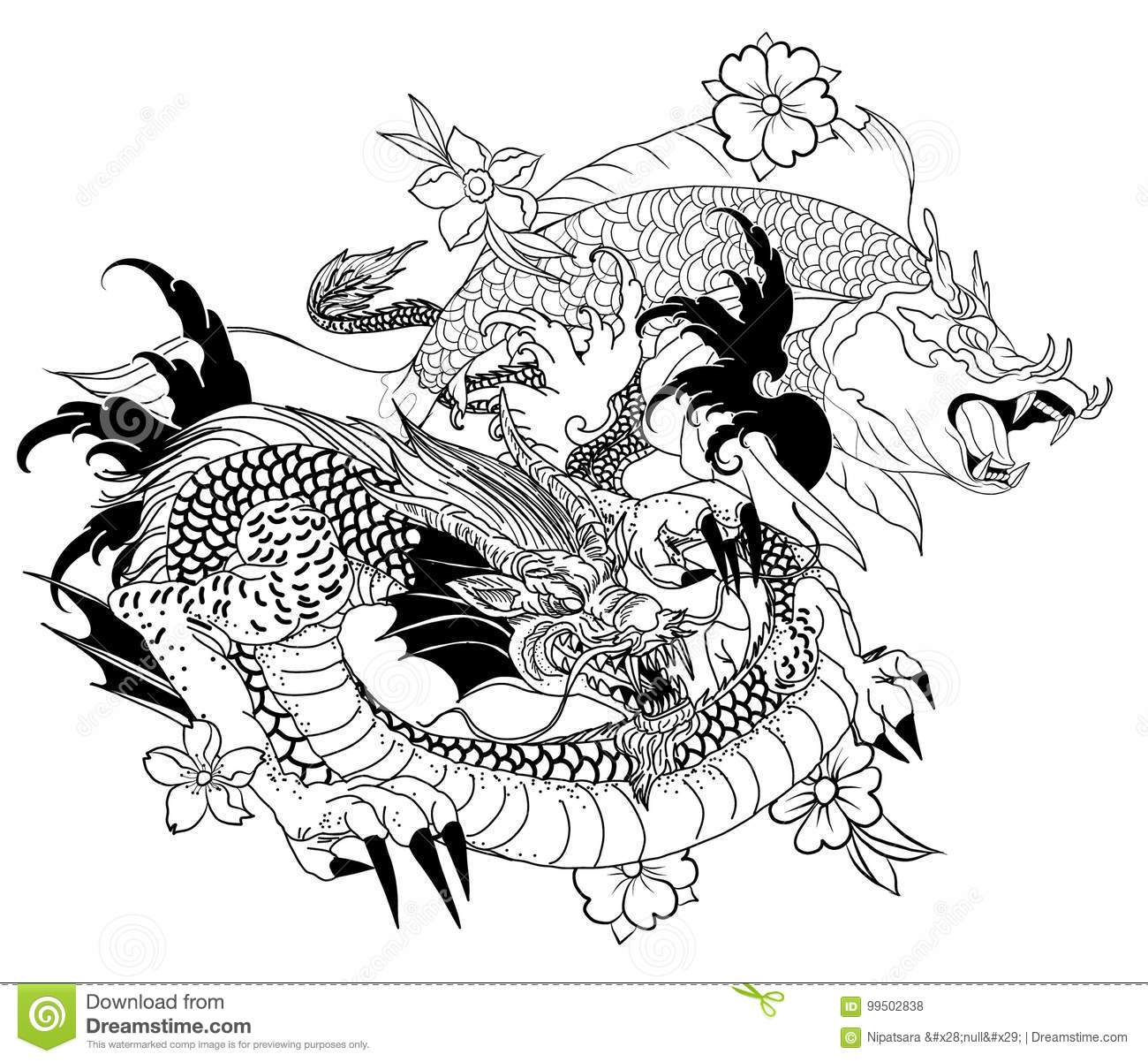 Poissons Tirés Par La Main De Dragon Et De Koi Avec Le encequiconcerne Coloriage Dessin Japonais