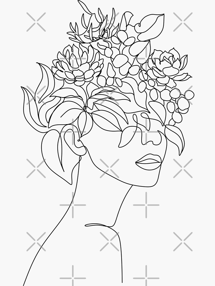 Sticker « Impression D'Art Femme Tête De Plante | Femme dedans Dessin 1 Trait,