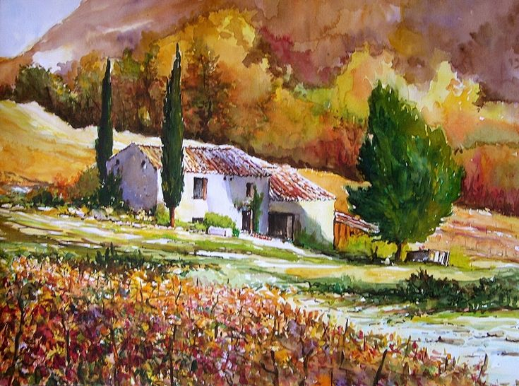 Tableau Peinture Provence Vignoble Ifs Automne - Mas à Dessin En Paysage