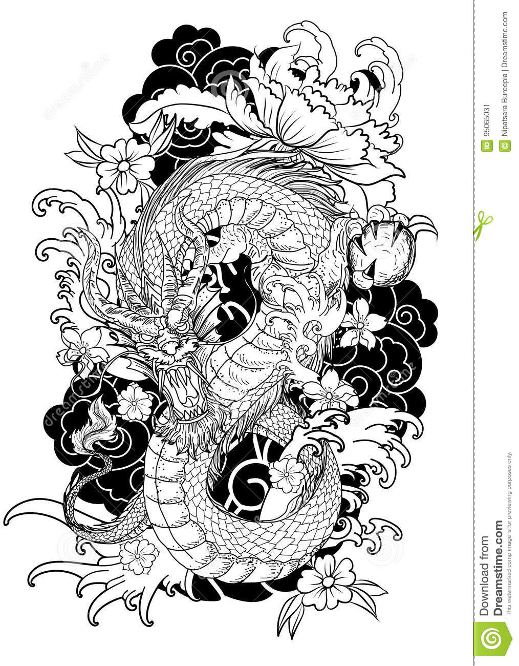 Tatouage Tiré Par La Main De Dragon, Style Japonais De intérieur Coloriage Japonais,