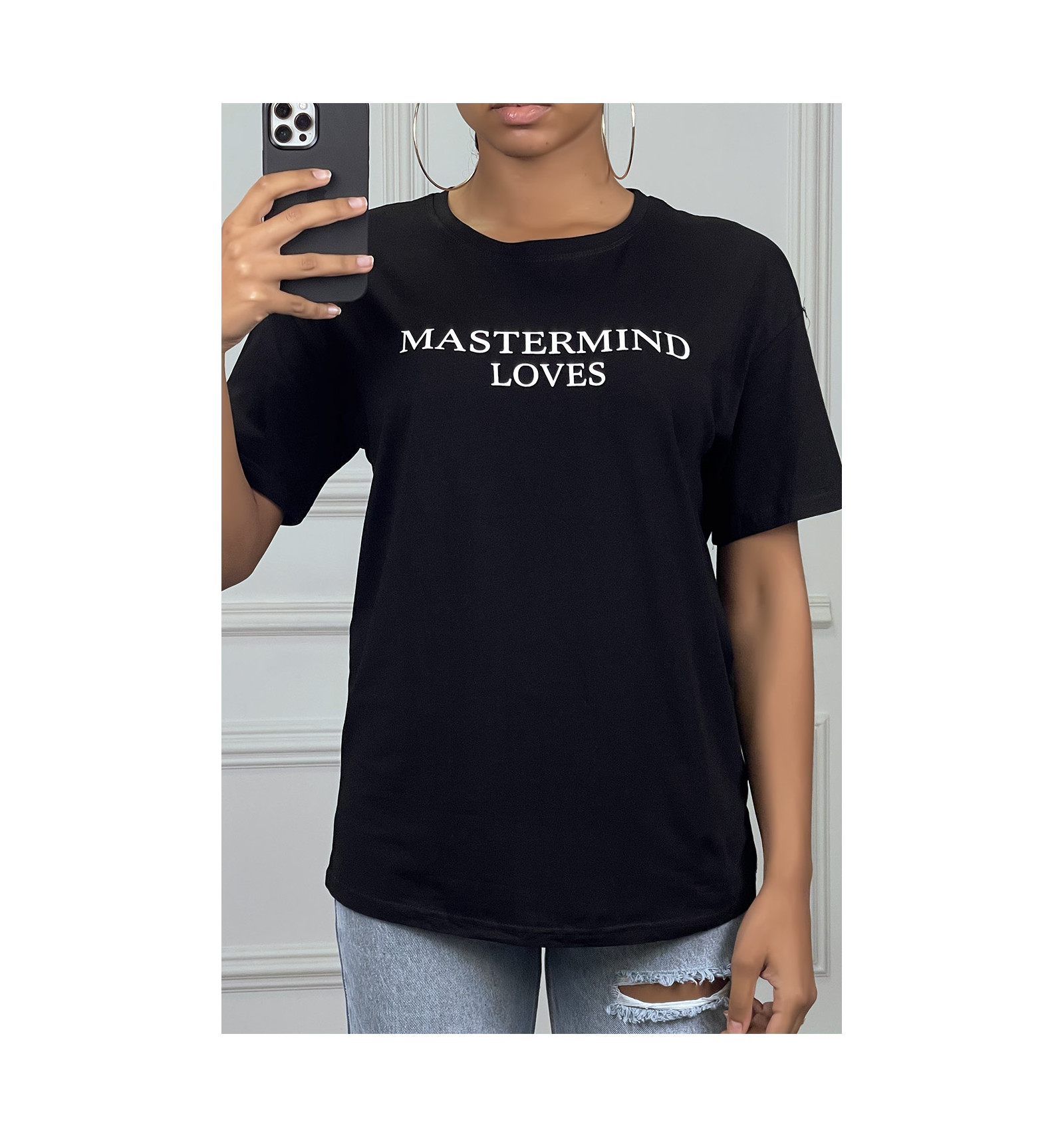 Tee-Shirt Noir Oversize Avec Écriture Et Dessins En Strass pour Coloriage T Shirt