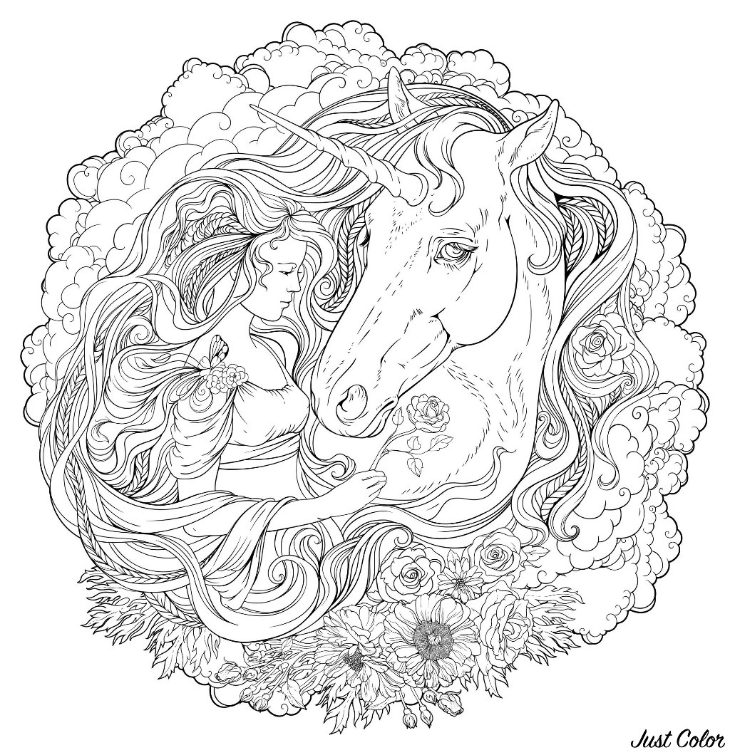 Unicorn &amp;amp; Girl In The Clouds - Difficult Mandalas (For encequiconcerne Coloriage Unicorn,