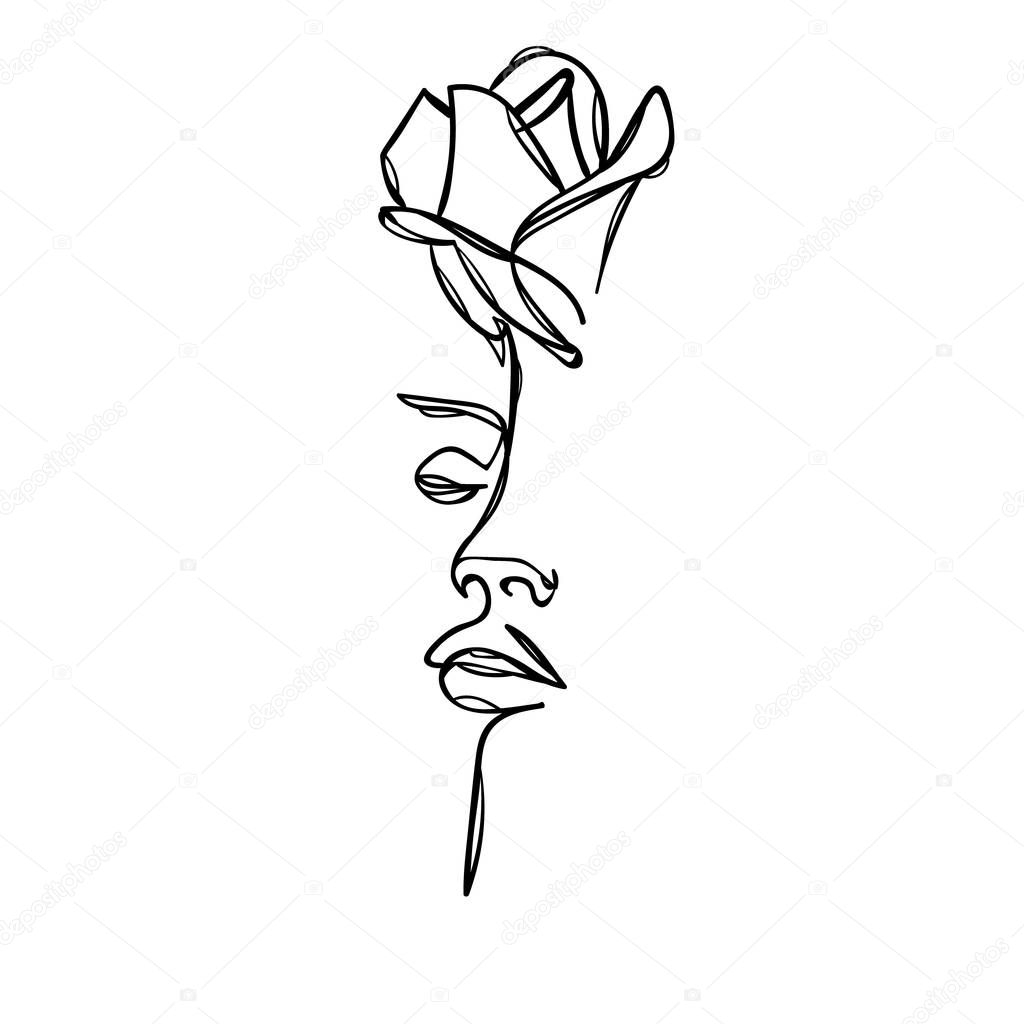 Visage De Femme Avec La Fleur Rose. Dessin Au Trait concernant Dessin 1 Trait,