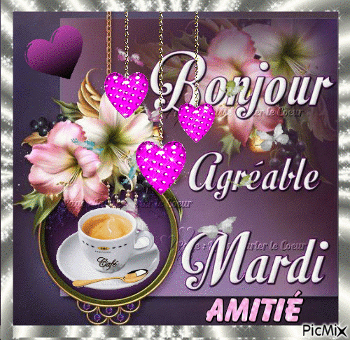 A Coffee Cup With Pink Flowers And Hearts Hanging From It&amp;#039;S Side, In destiné Gif Bonne Journée Bisous