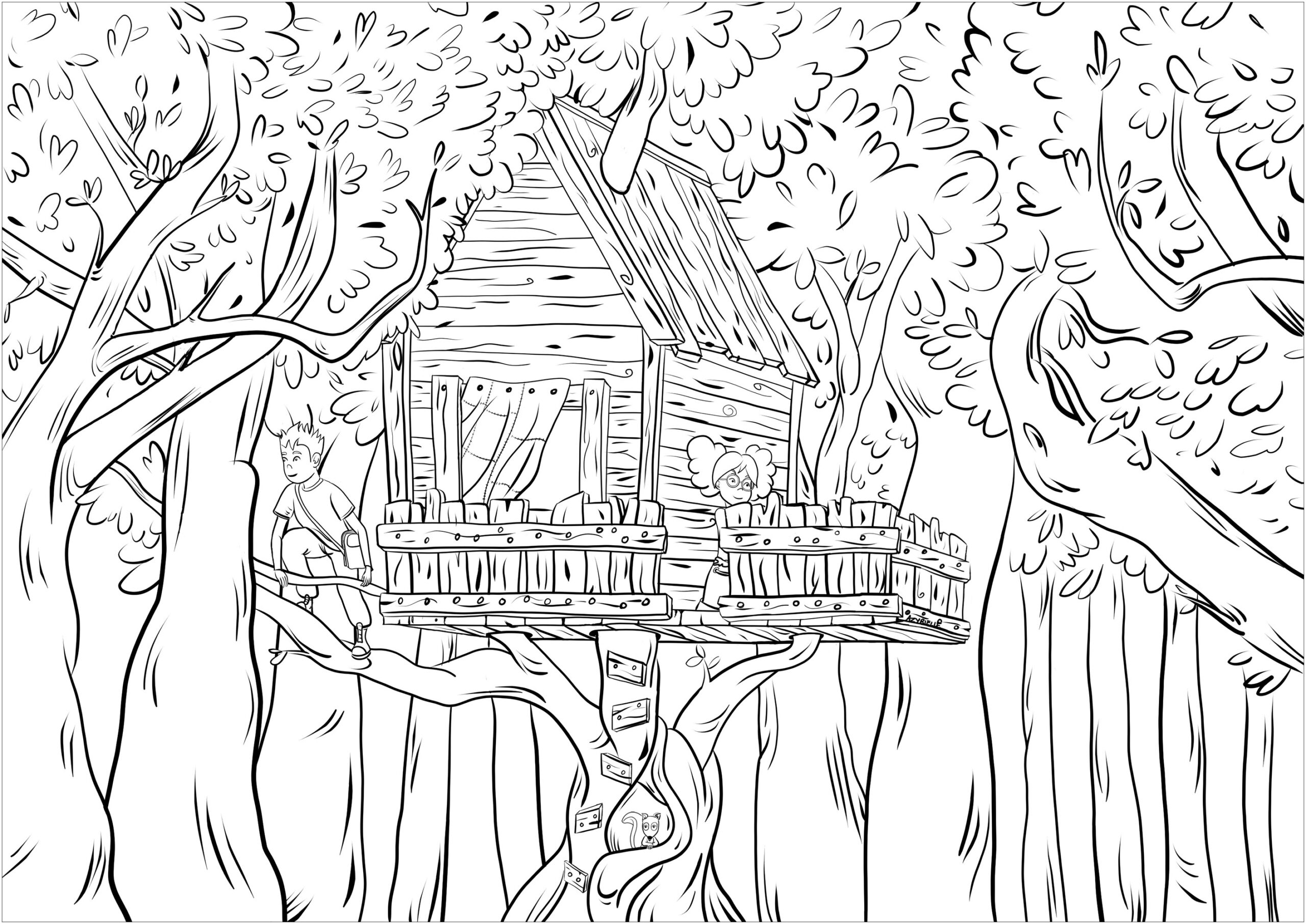 Children In A Cabin In The Woods - Jungle &amp; Forest Adult Coloring Pages encequiconcerne Coloriage Foret Facile