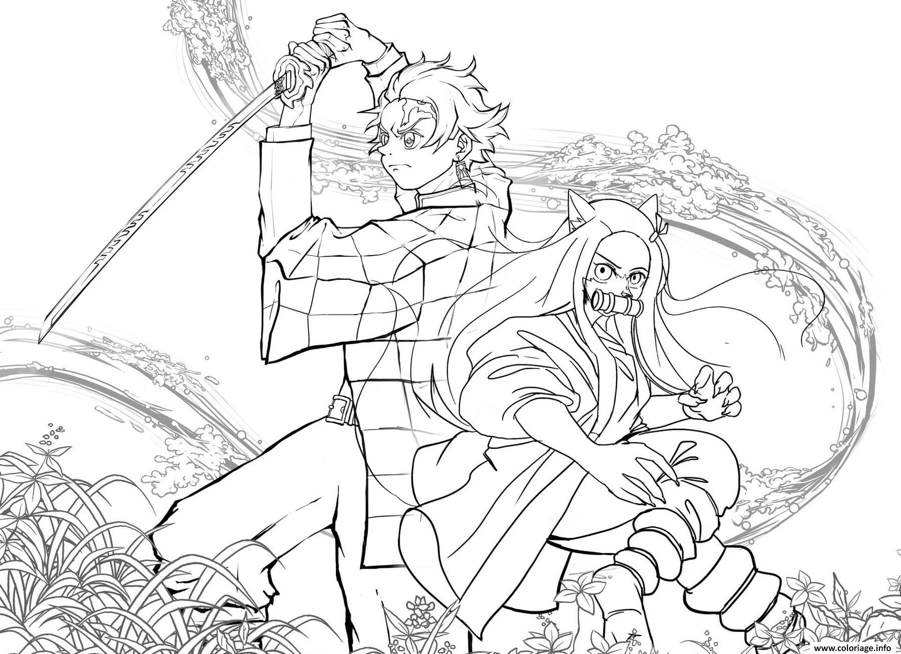 Coloriage Tanjiro And Nezuko In Battle Demon Slayer Dessin Demon Slayer destiné Coloriage Nezuko À Imprimer