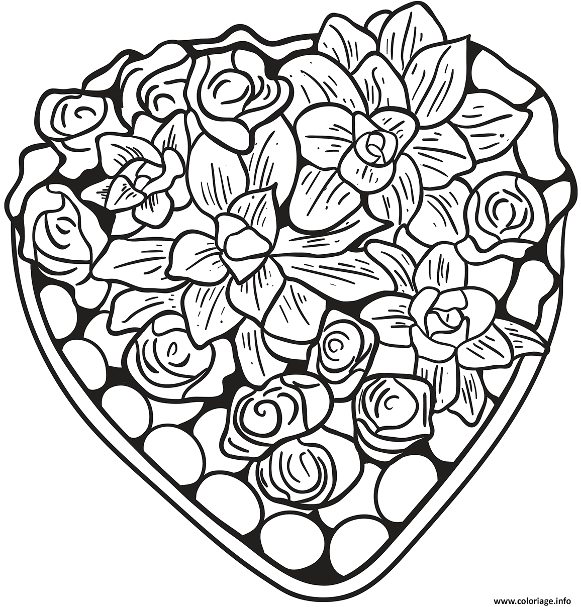 Coloriage Un Jolie Coeur Fait De Fleurs Et Roses - Jecolorie destiné Coloriage Fleurs Roses
