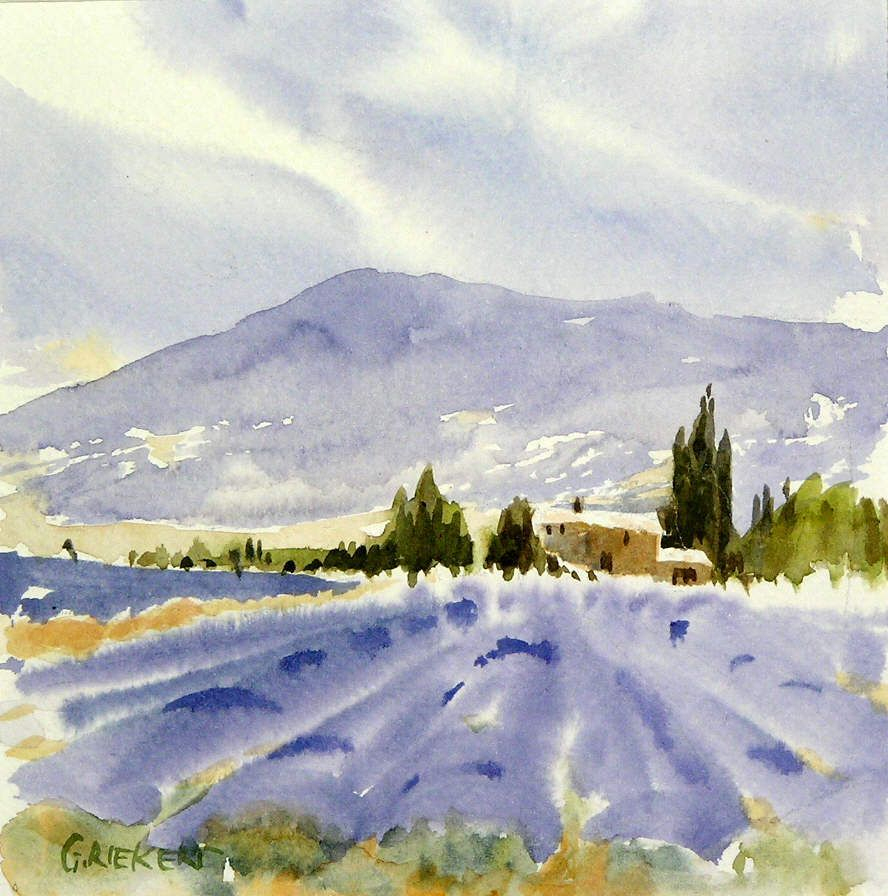 Lavender Fields In Provence Landscape Painting Watercolor, Watercolor à Paysage Aquarelle Facile