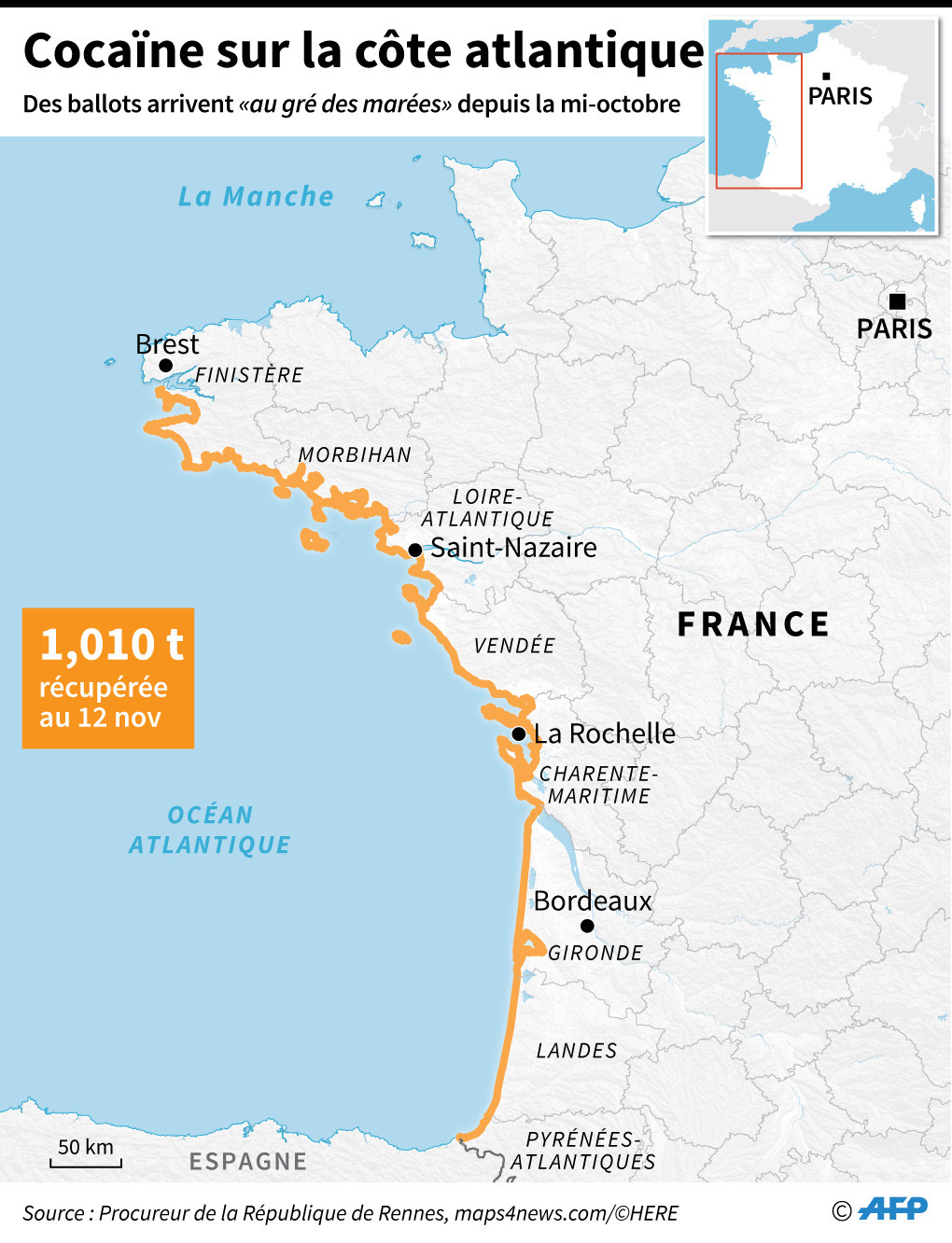 «Marée Blanche» Sur Le Littoral Atlantique: Les Ballots De Cocaïne destiné Carte Côte Atlantique