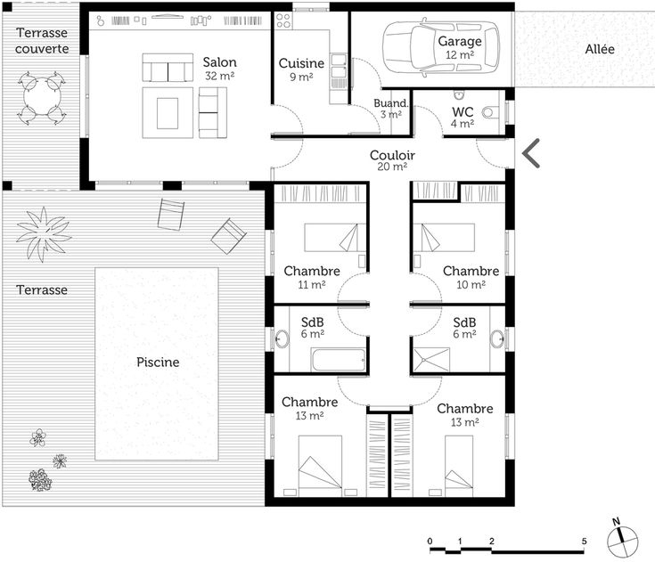 Plan Au Sol En 2023 | Plan Maison 4 Chambres, Plan Maison, Plan Maison concernant Plan Maison En U 150M2