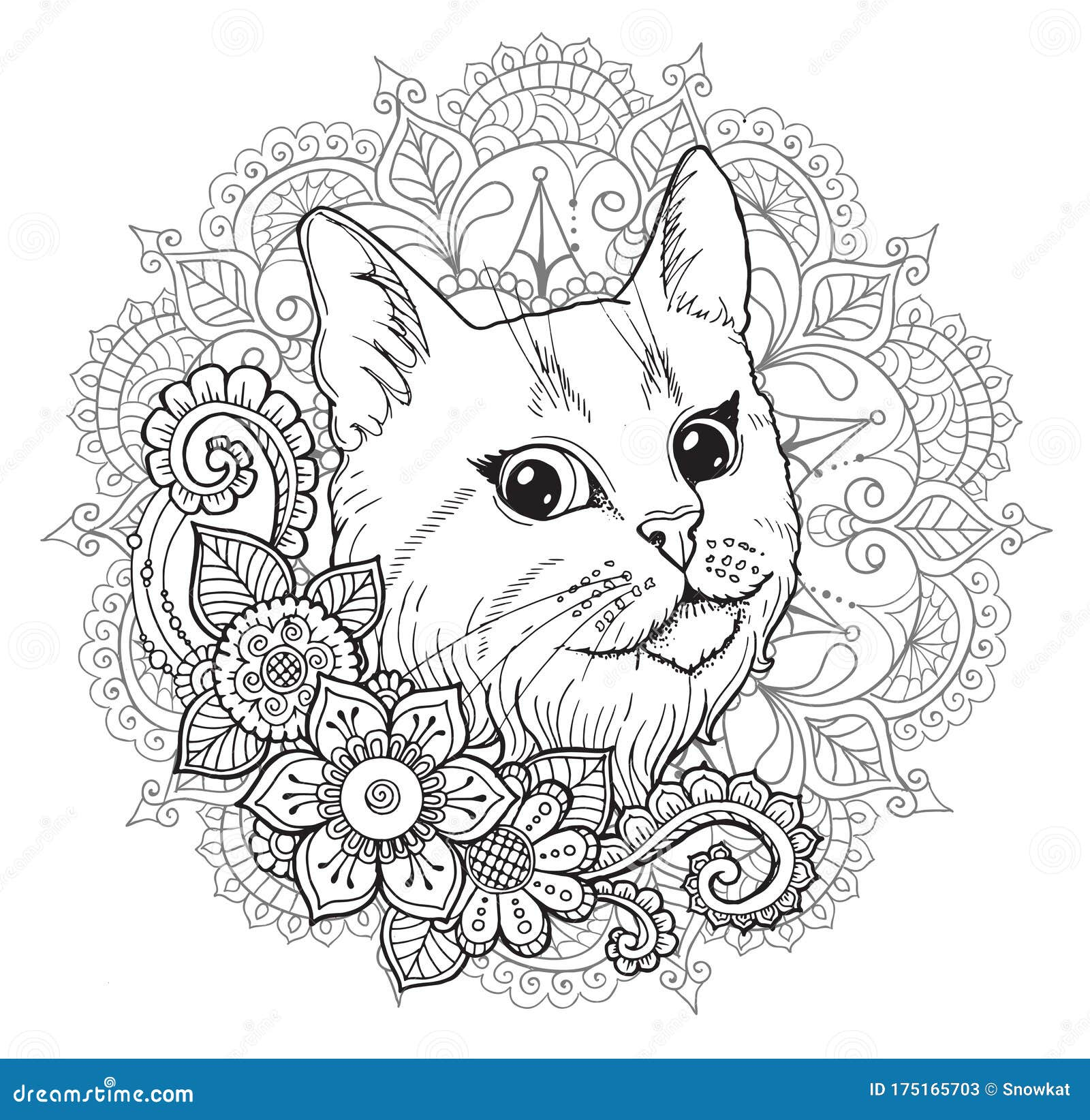 The Cat And The Mandala. Coloring Book. Stock Illustration intérieur Mandala Chat