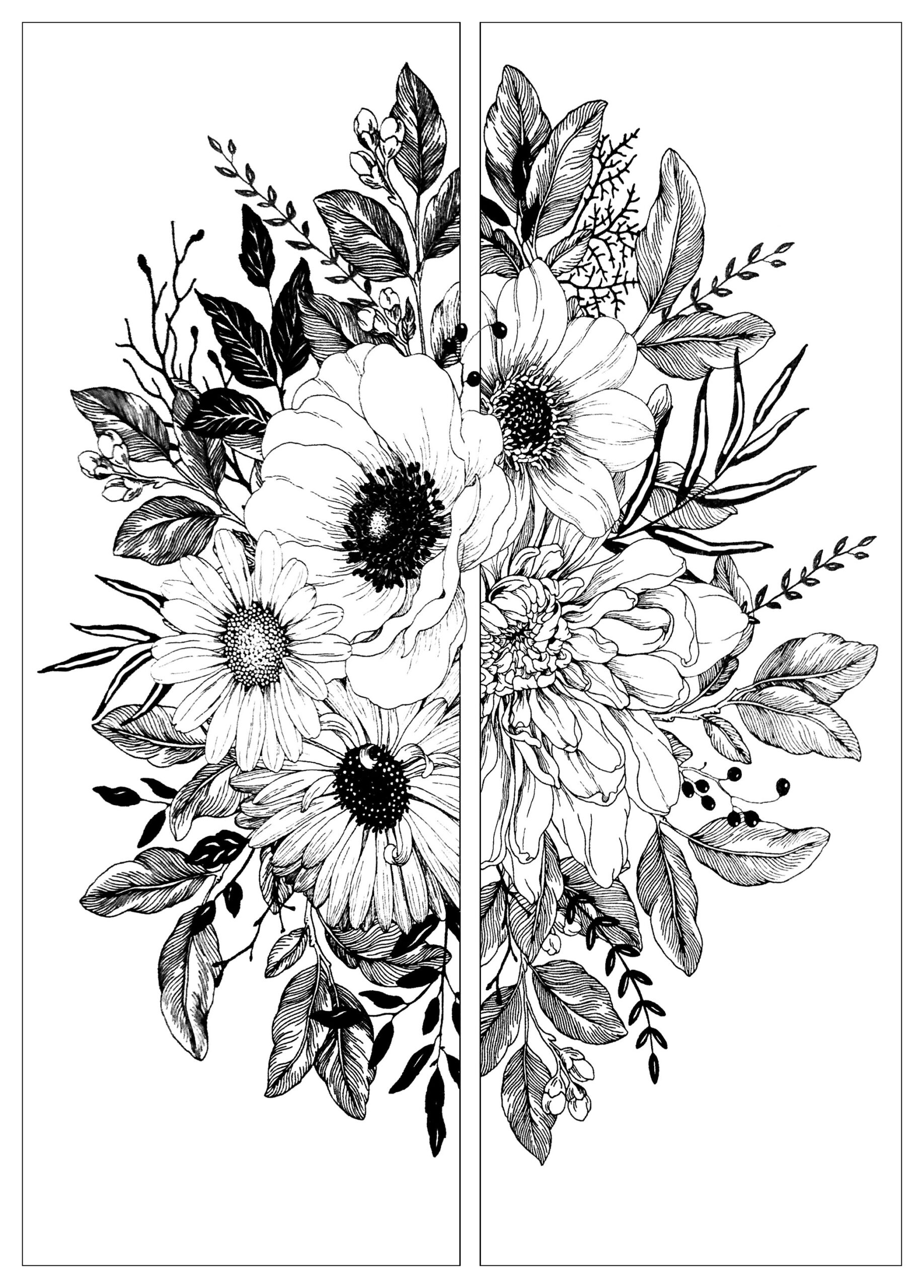 Bouquet De Fleurs En Deux Parties - Fleurs Et Végétation - Coloriages avec Bouquet De Fleur A Colorier