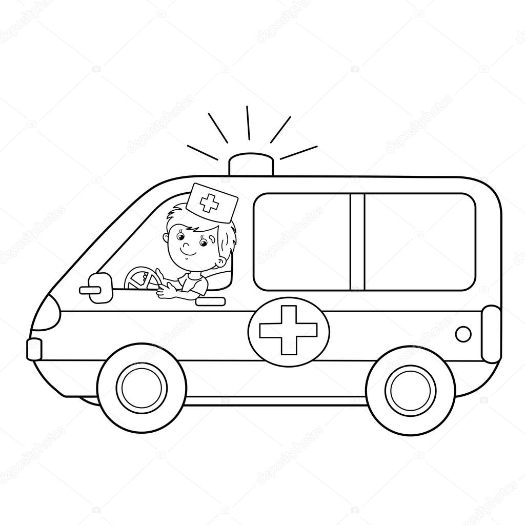 Colorear Página Esquema De Médico De Dibujos Animados Con La Ambulancia pour Coloriage Ambulancier