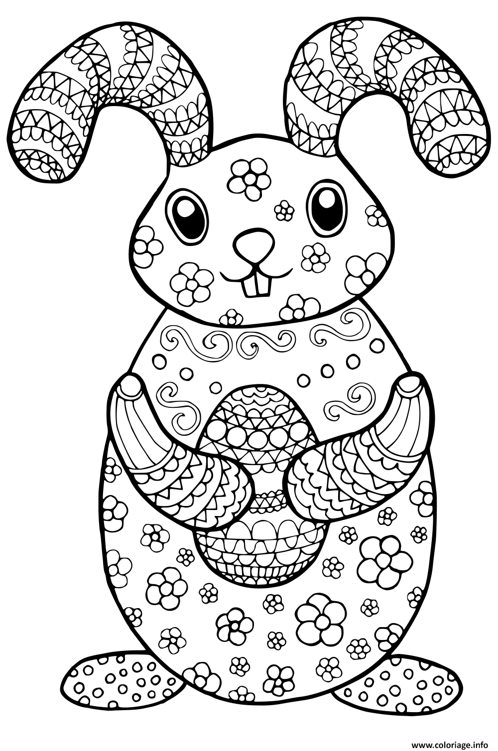 Coloriage Lapin De Paques Avec Motifs De Fleurs_1 - Jecolorie dedans Lapin Imprimer