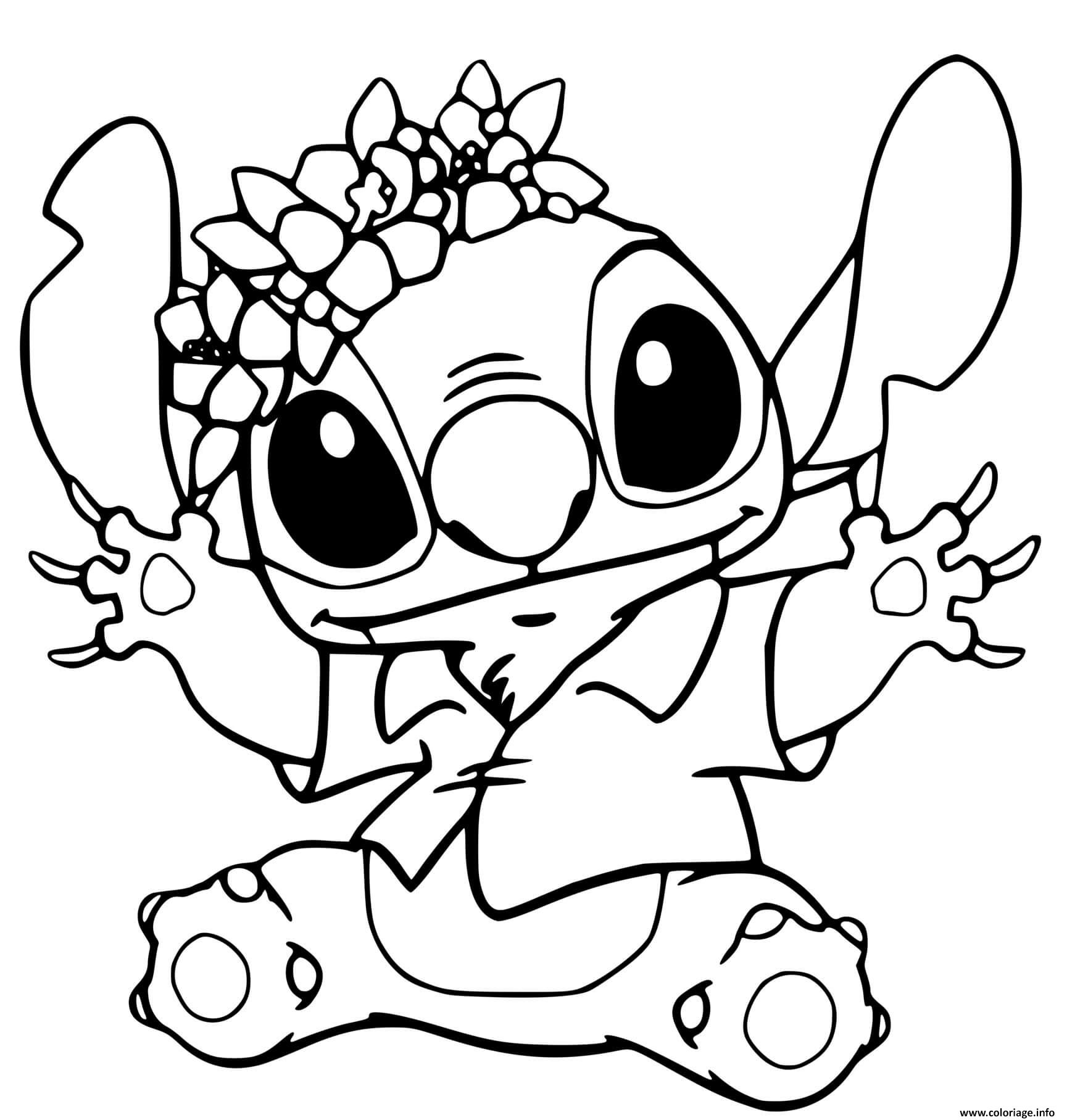 Coloriage Stitch Avec Une Couronne De Fleurs Pret Pour La Fete avec Dessin Disney A Imprimer