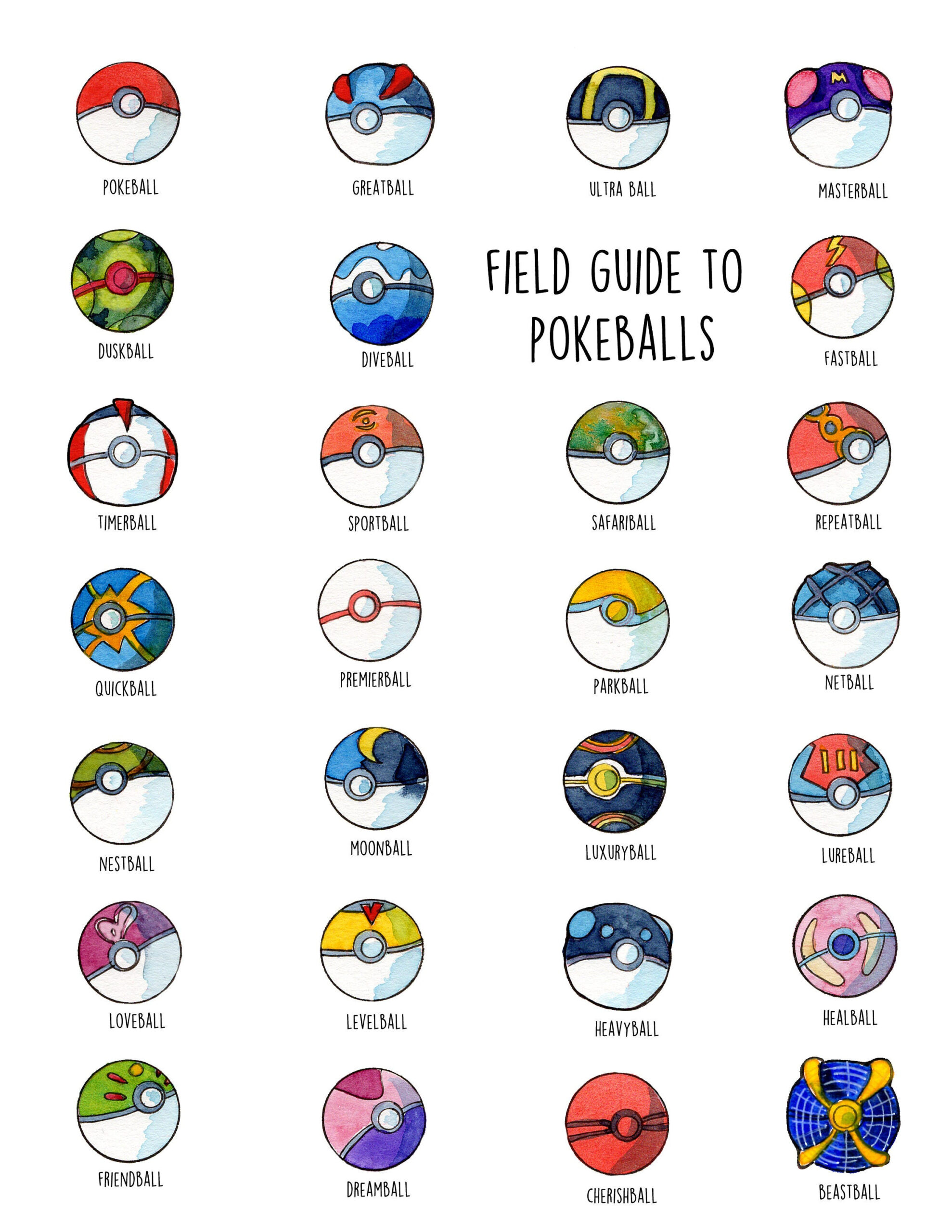 Field Guide To Pokeballs Watercolor Print - Etsy intérieur Pokeball A Imprimer