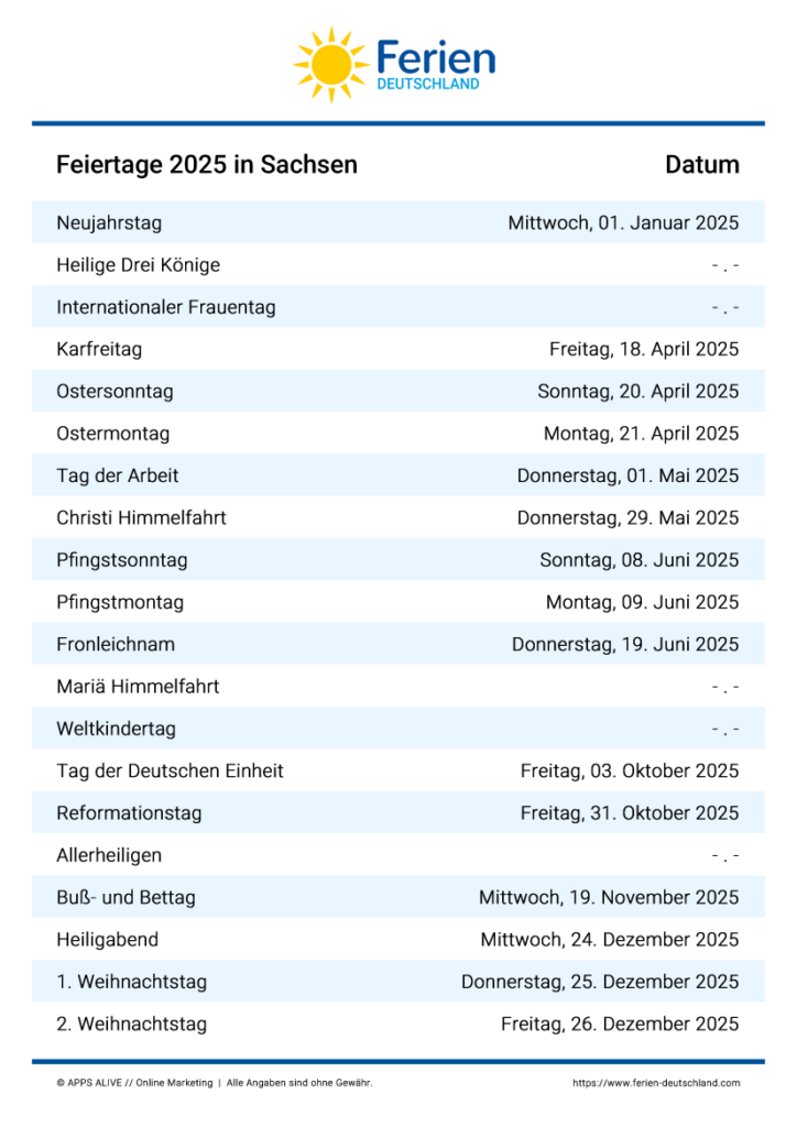  Foto zu Feiertage Sachsen 2024, 2025, 2026, 2027, 2028, 2029: Alle Termine im 