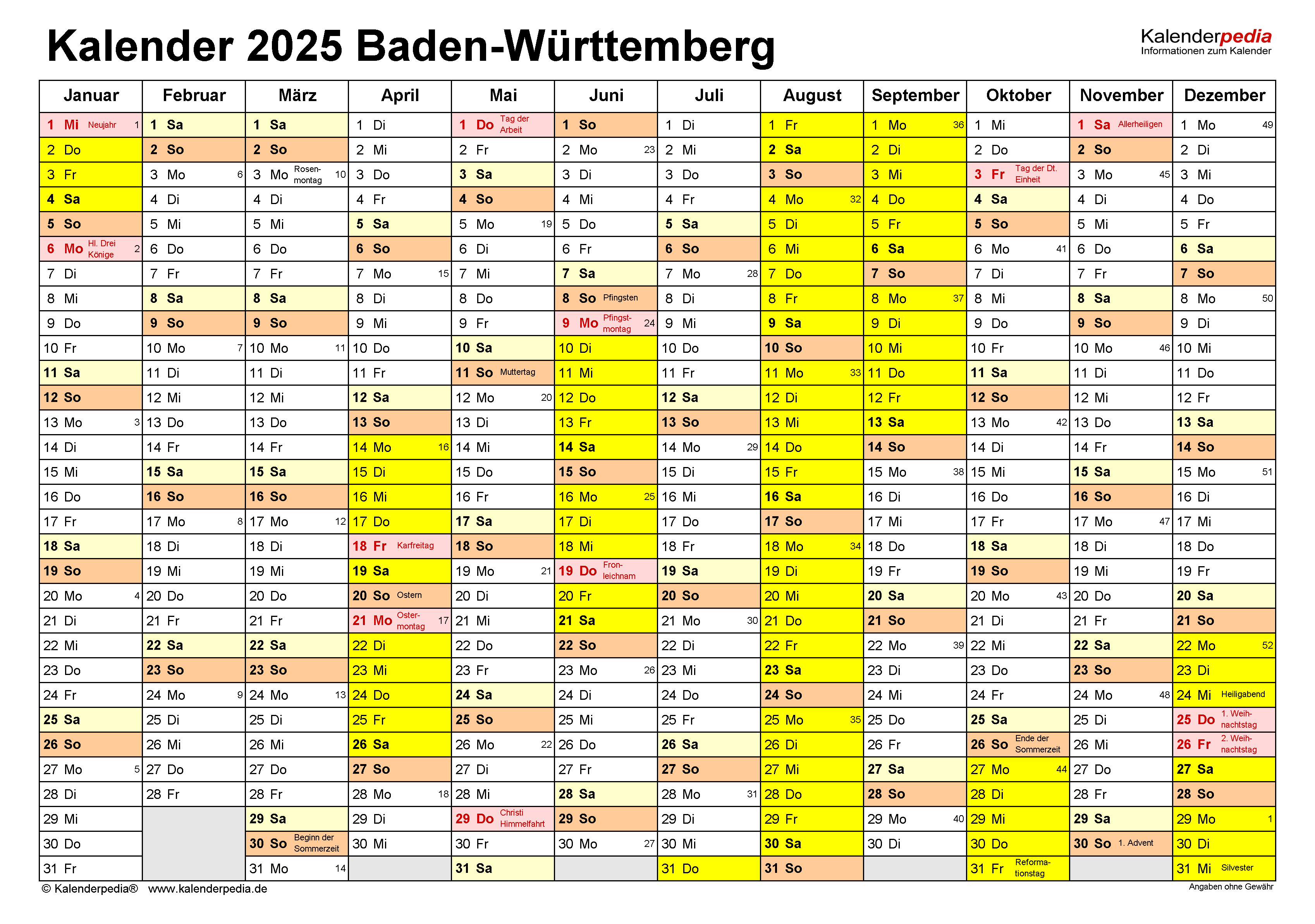  Kalender 2025 Baden-Württemberg: PDF-Vorlagen mit Ferien Bildidee 