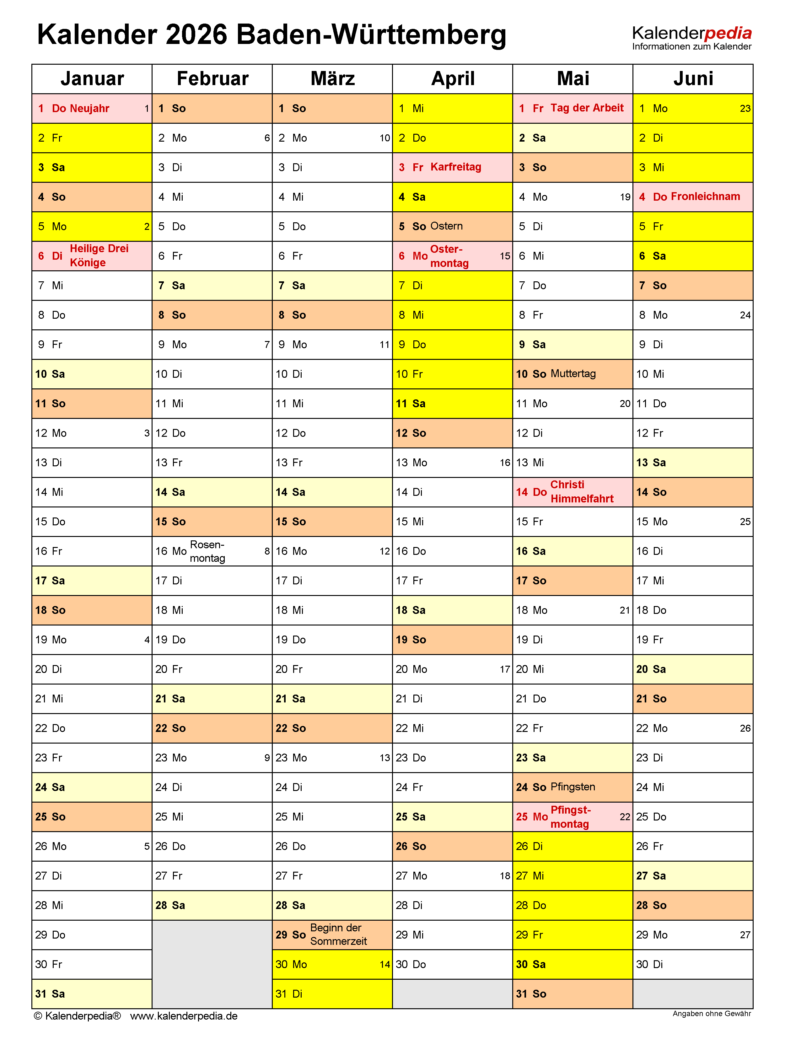  Kalender 2026 Baden-Württemberg: PDF-Vorlagen mit Ferien Illustration 
