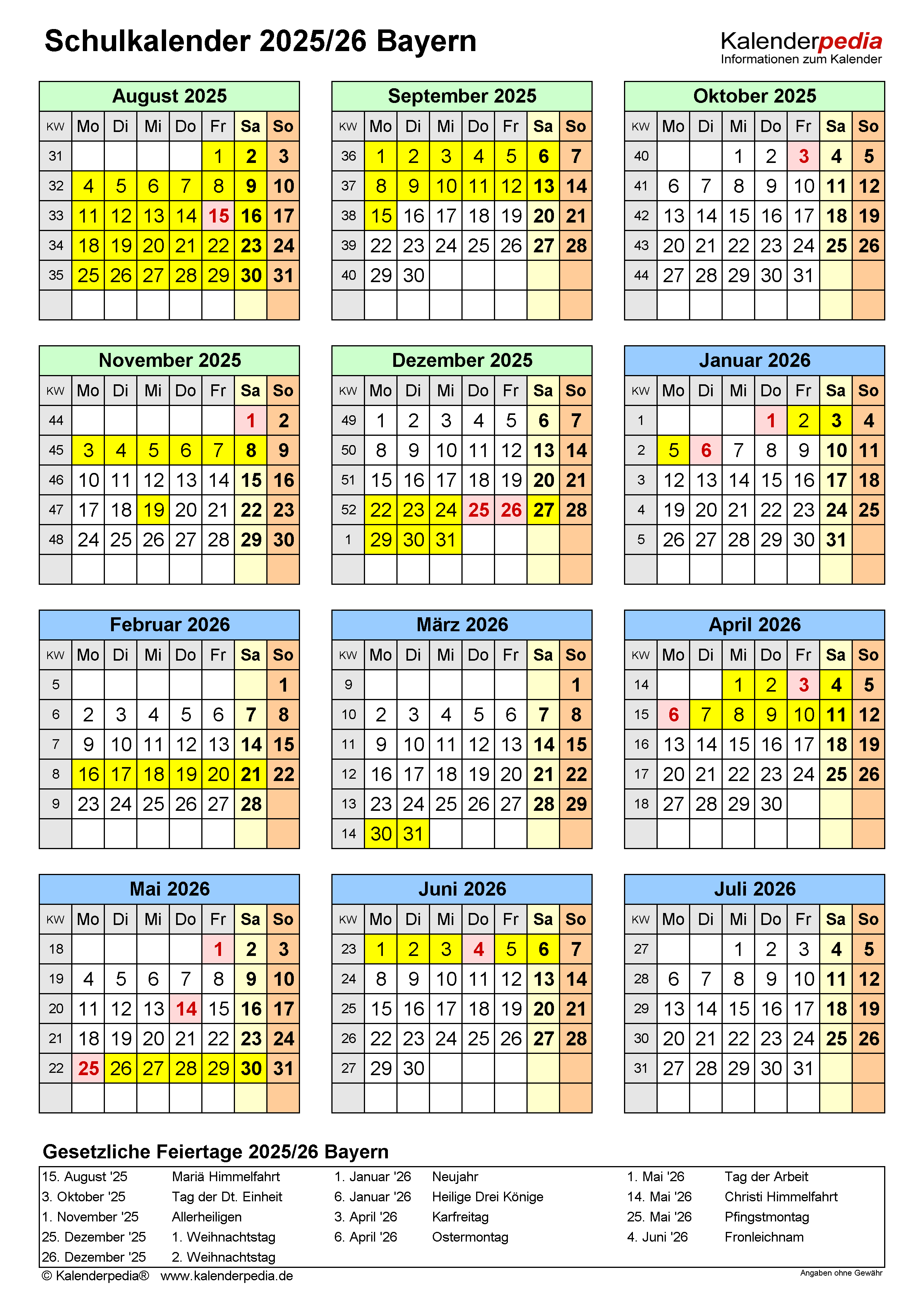  Foto zu Ferien Bayern 2025 Und 2026 Schulkalender 2025 / 2026 bayern Für Excel 