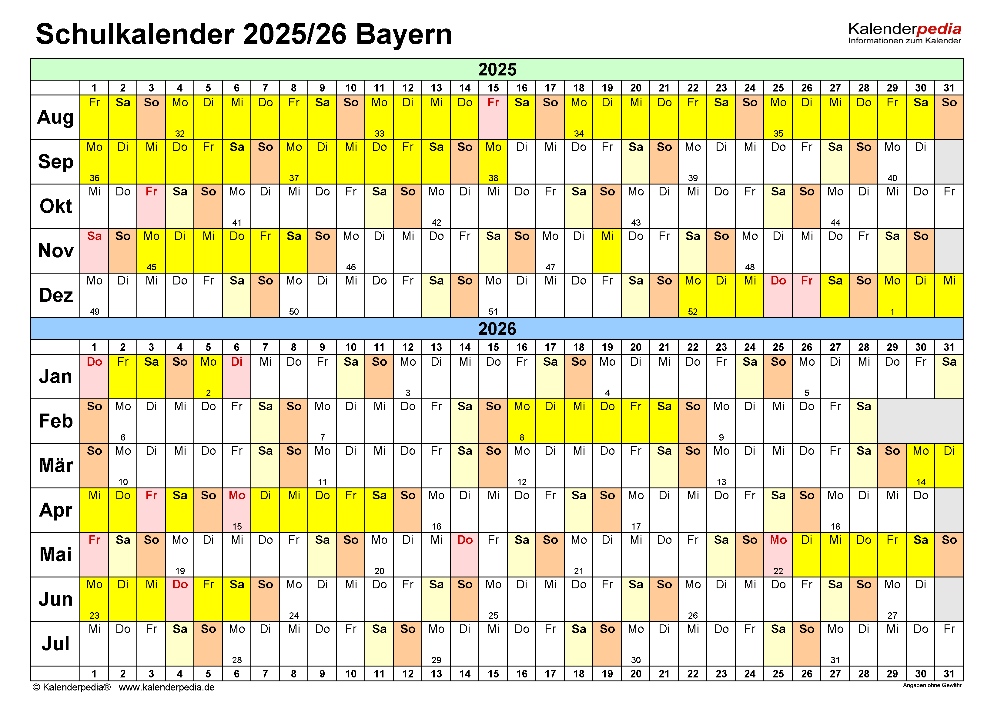  Schulkalender 2025/2026 Bayern für Word 