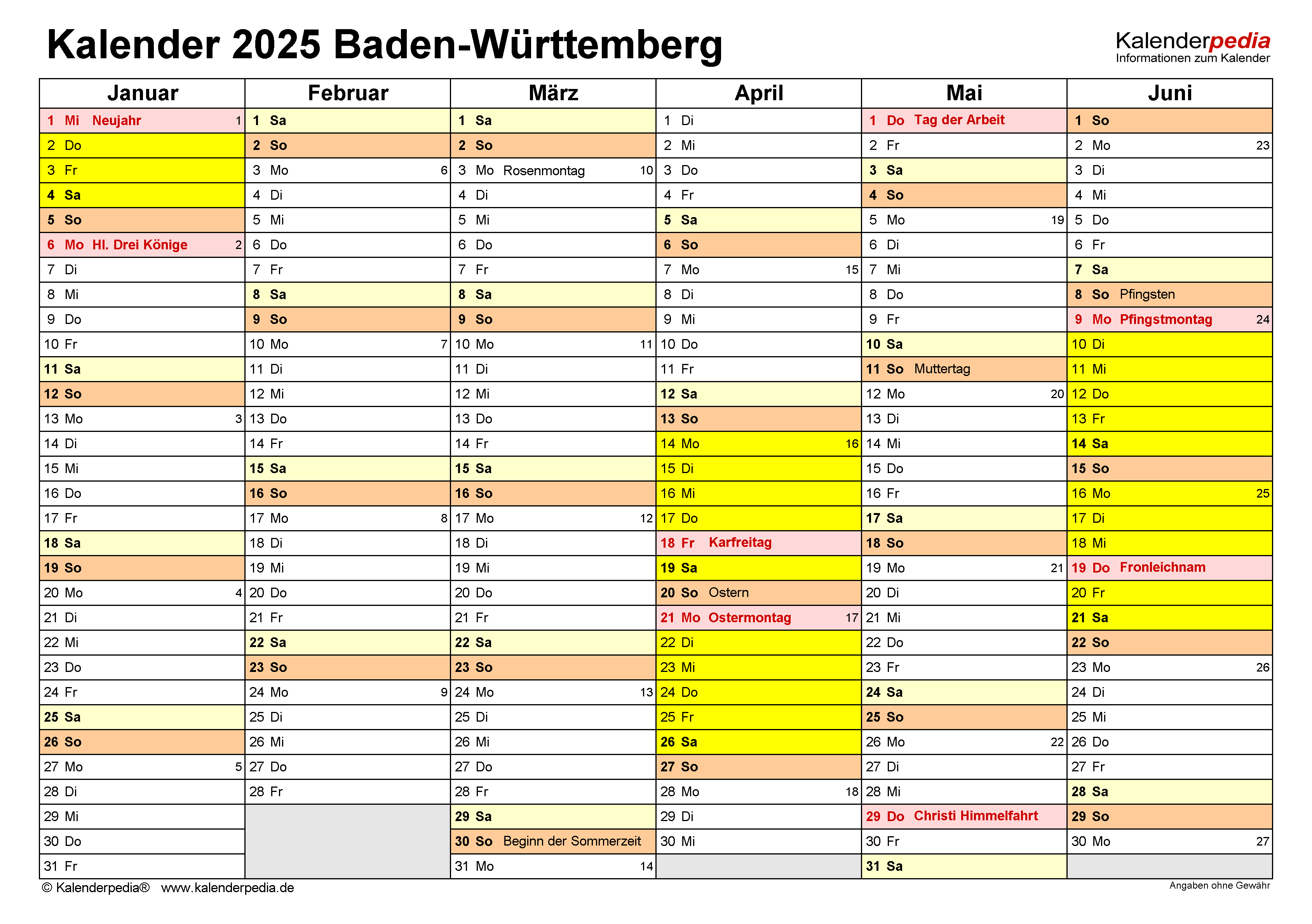  Kalender 2025 Baden-Württemberg: Excel-Vorlagen mit Ferien Motiv 