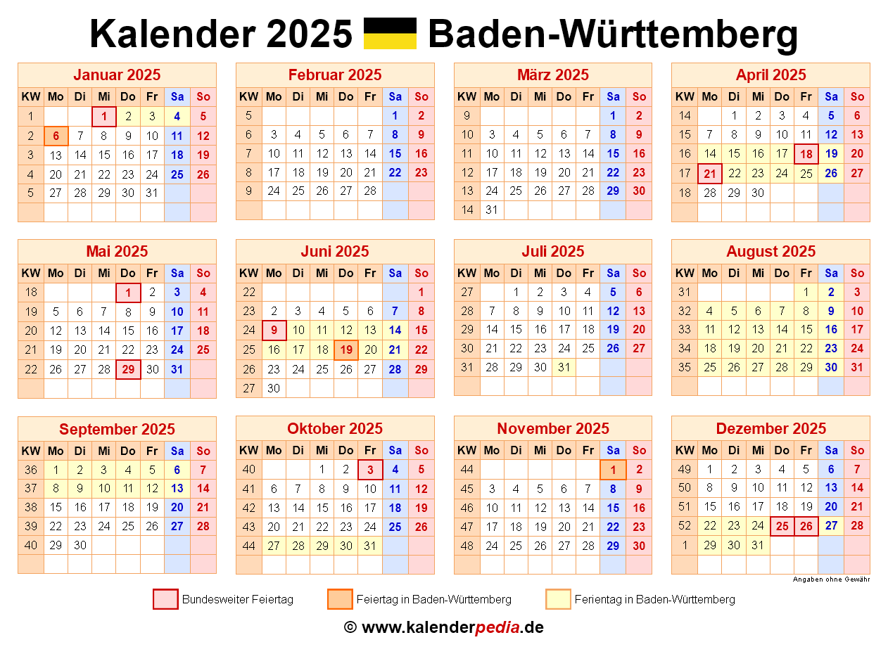  Kalender 2025 Baden-Württemberg: Excel-Vorlagen mit Ferien 