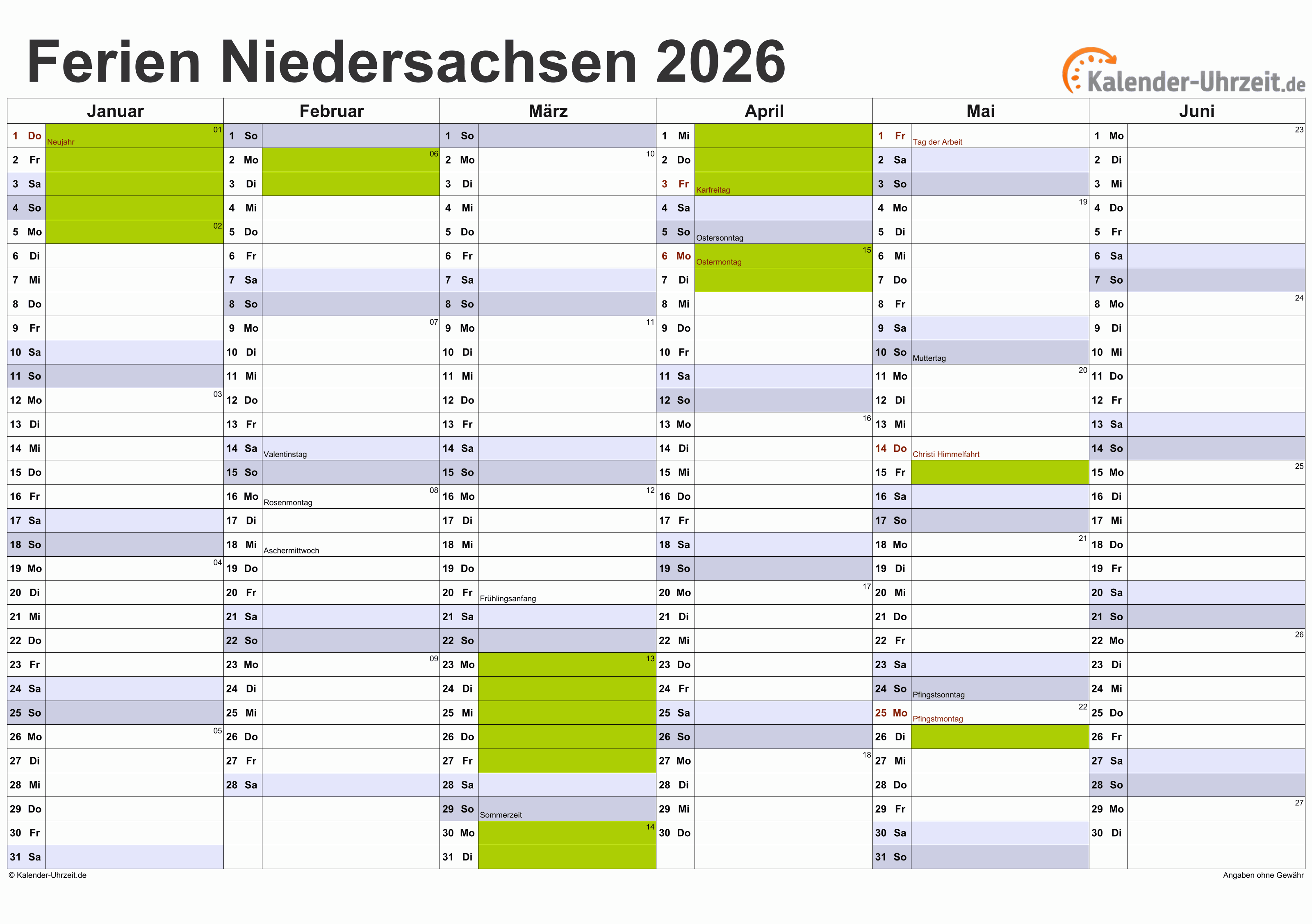  Ferien Niedersachsen 2026 - Ferienkalender zum Ausdrucken Motiv 