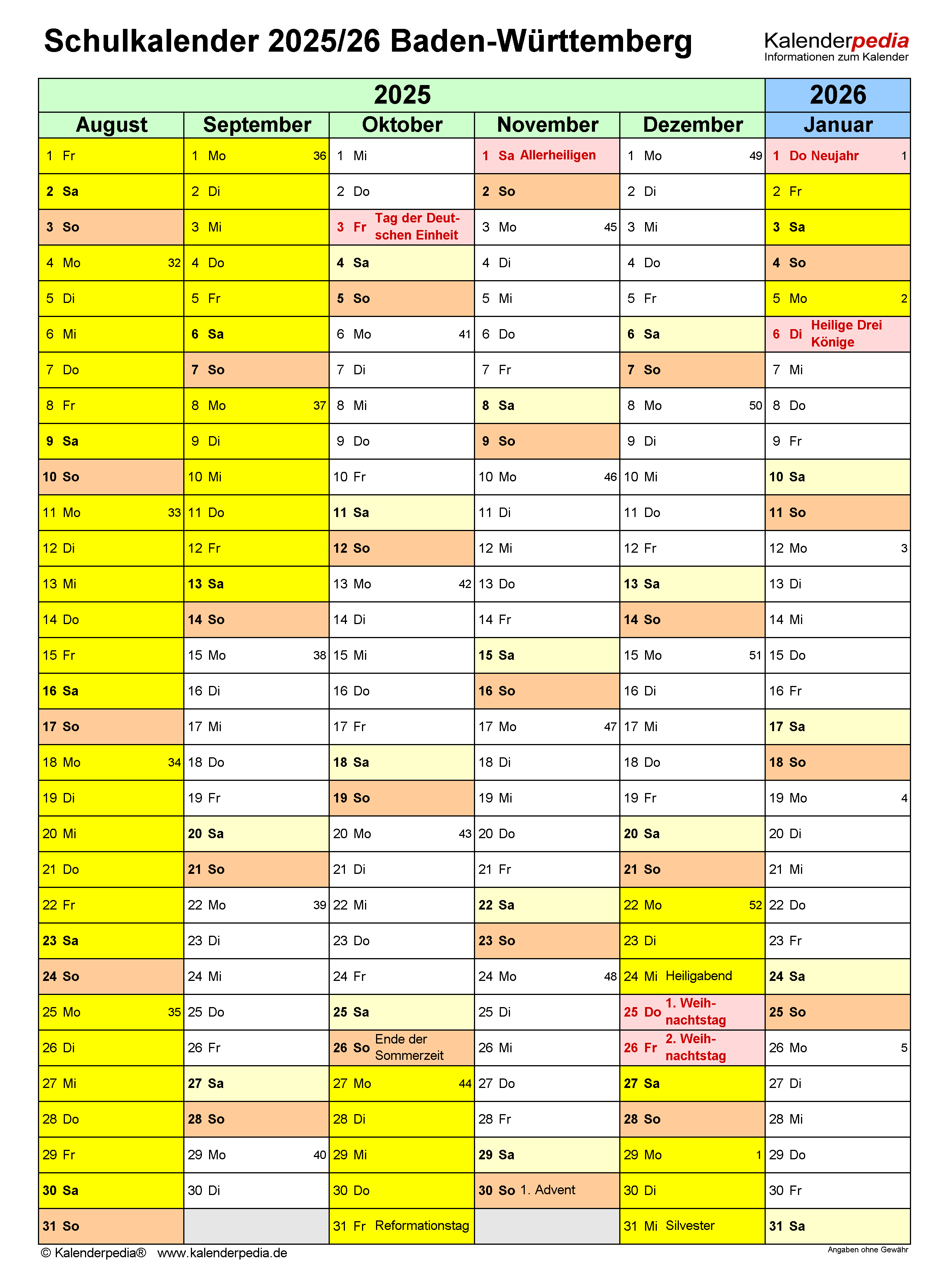  Schulkalender 2025/2026 Baden-Württemberg für Word Bildidee 