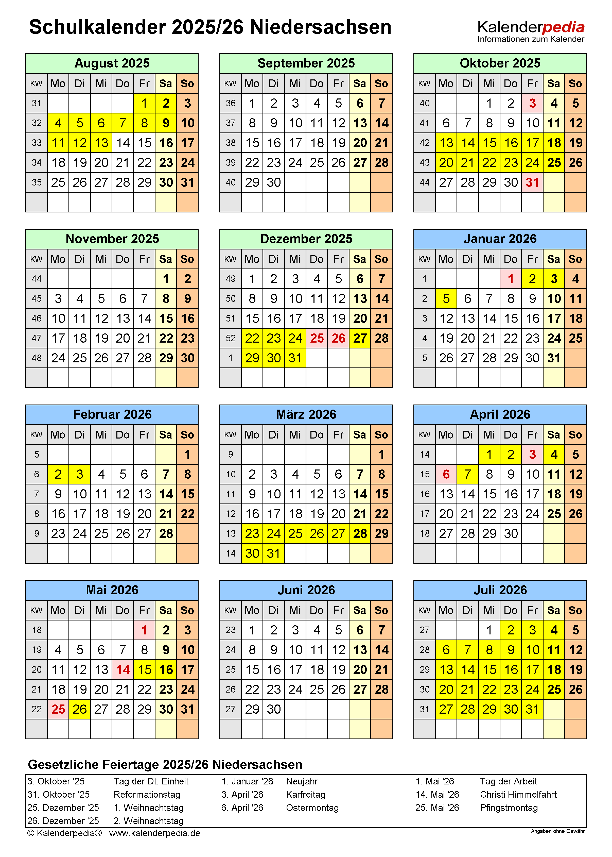  Schulkalender 2025/2026 Niedersachsen für Word Motiv 