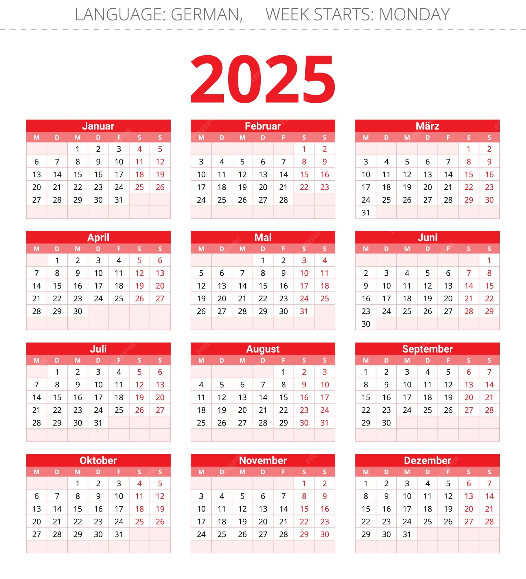  2025 year german calendar Printable vector Illustration 