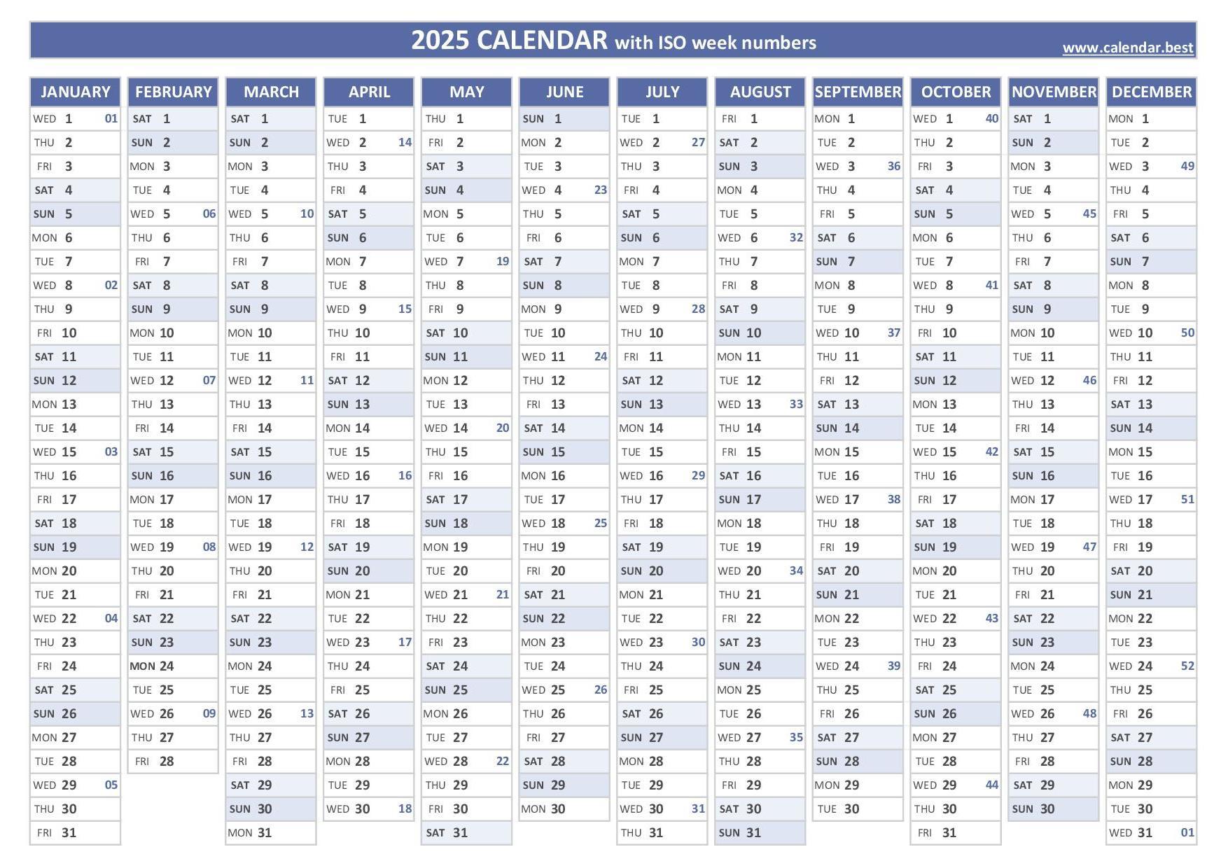  2025 calendar with week numbers (US and ISO week numbers) Illustration 