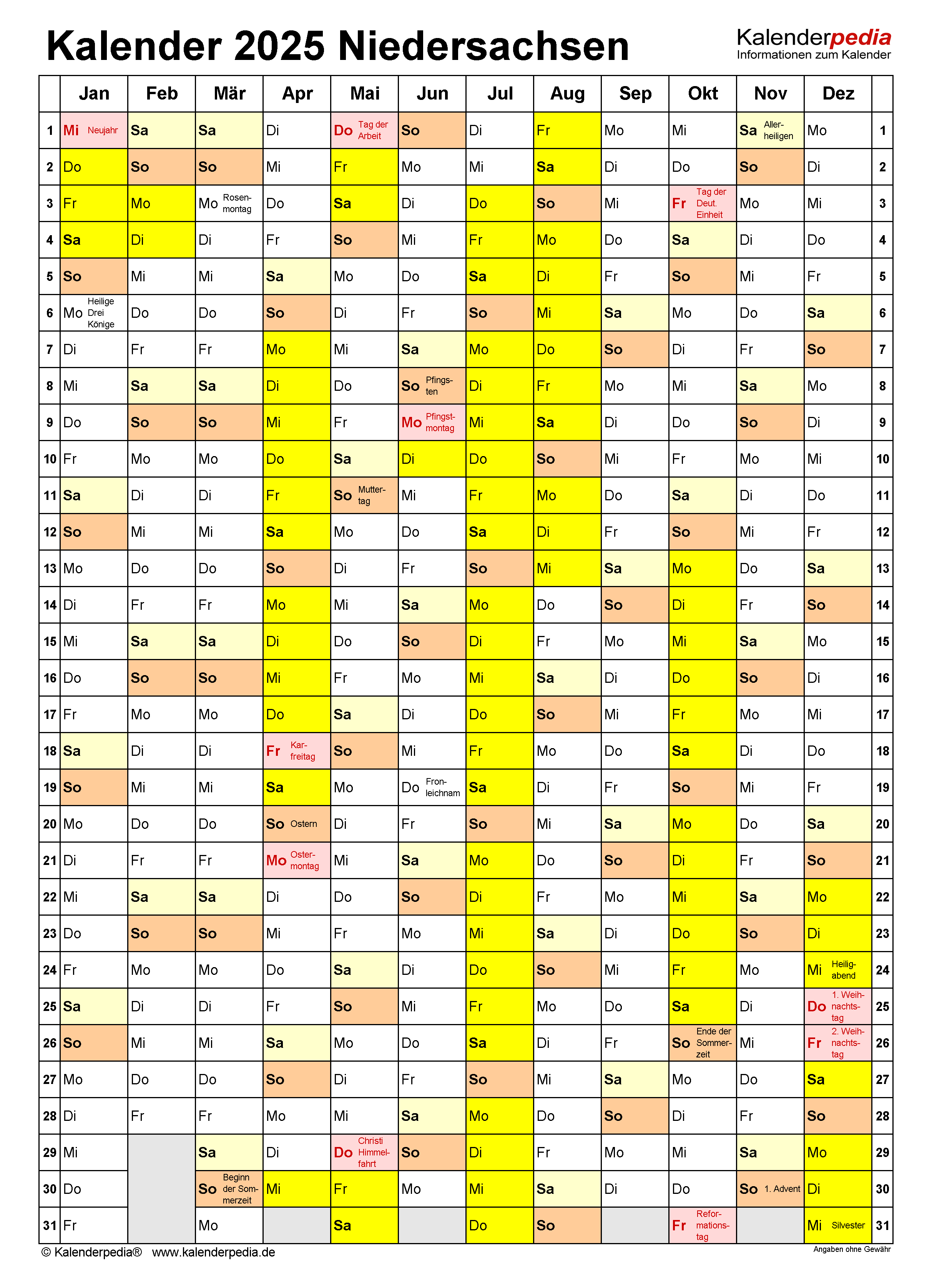  Kalender 2025 Niedersachsen: Ferien, Feiertage, Excel-Vorlagen Motiv 