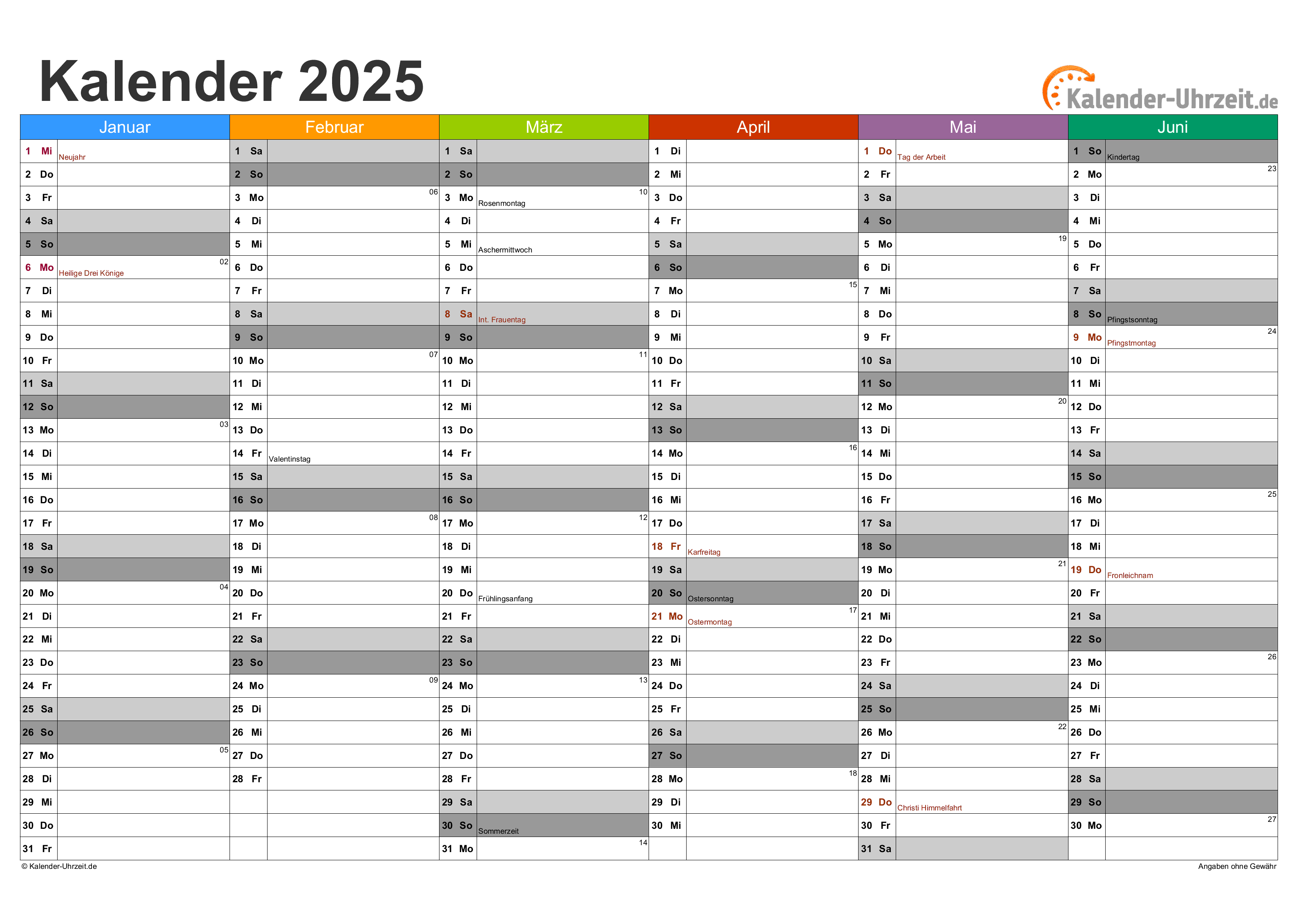  EXCEL-KALENDER 2025 - KOSTENLOS Motiv 