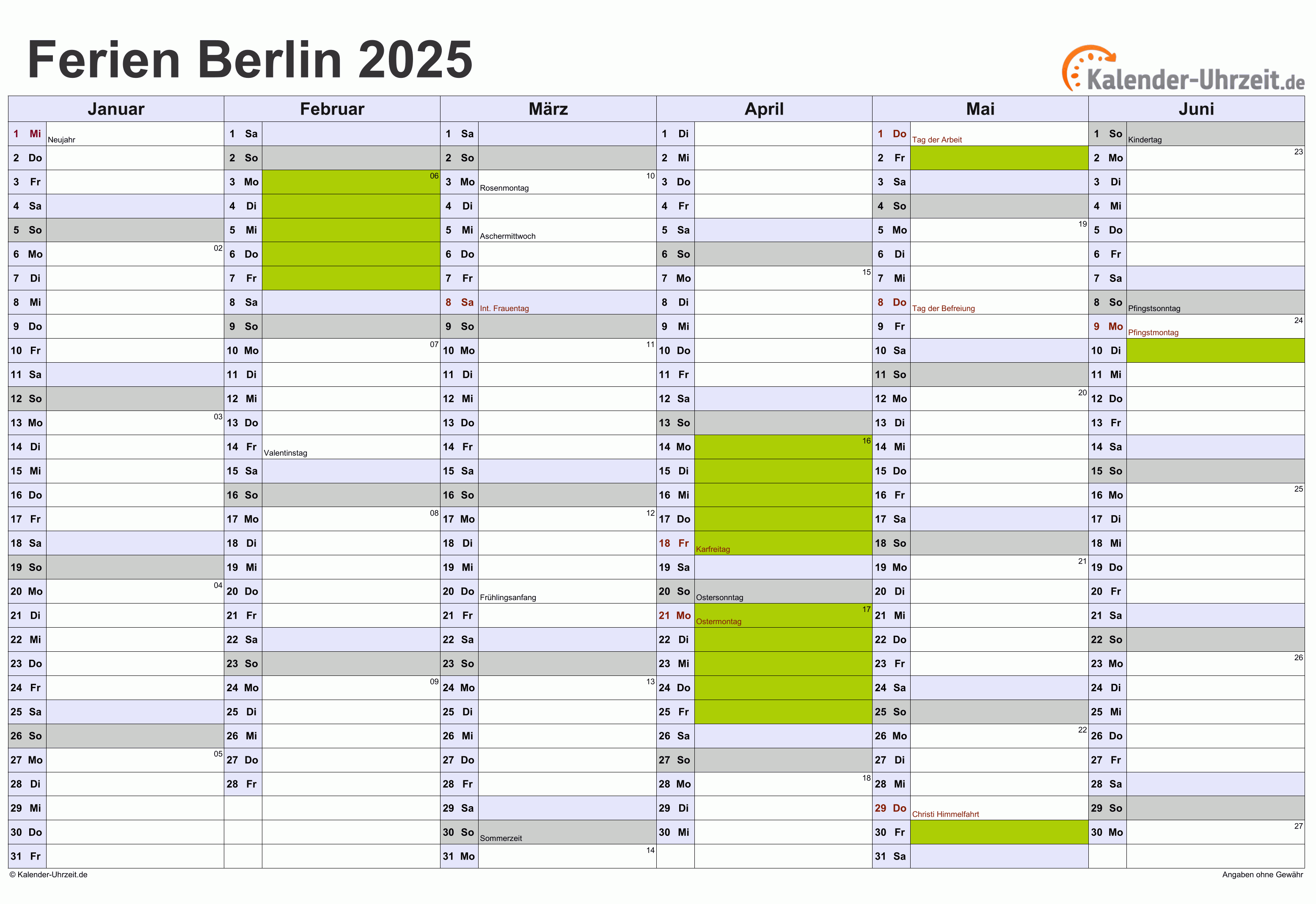  Ferien Berlin 2025 - Ferienkalender zum Ausdrucken Illustration 