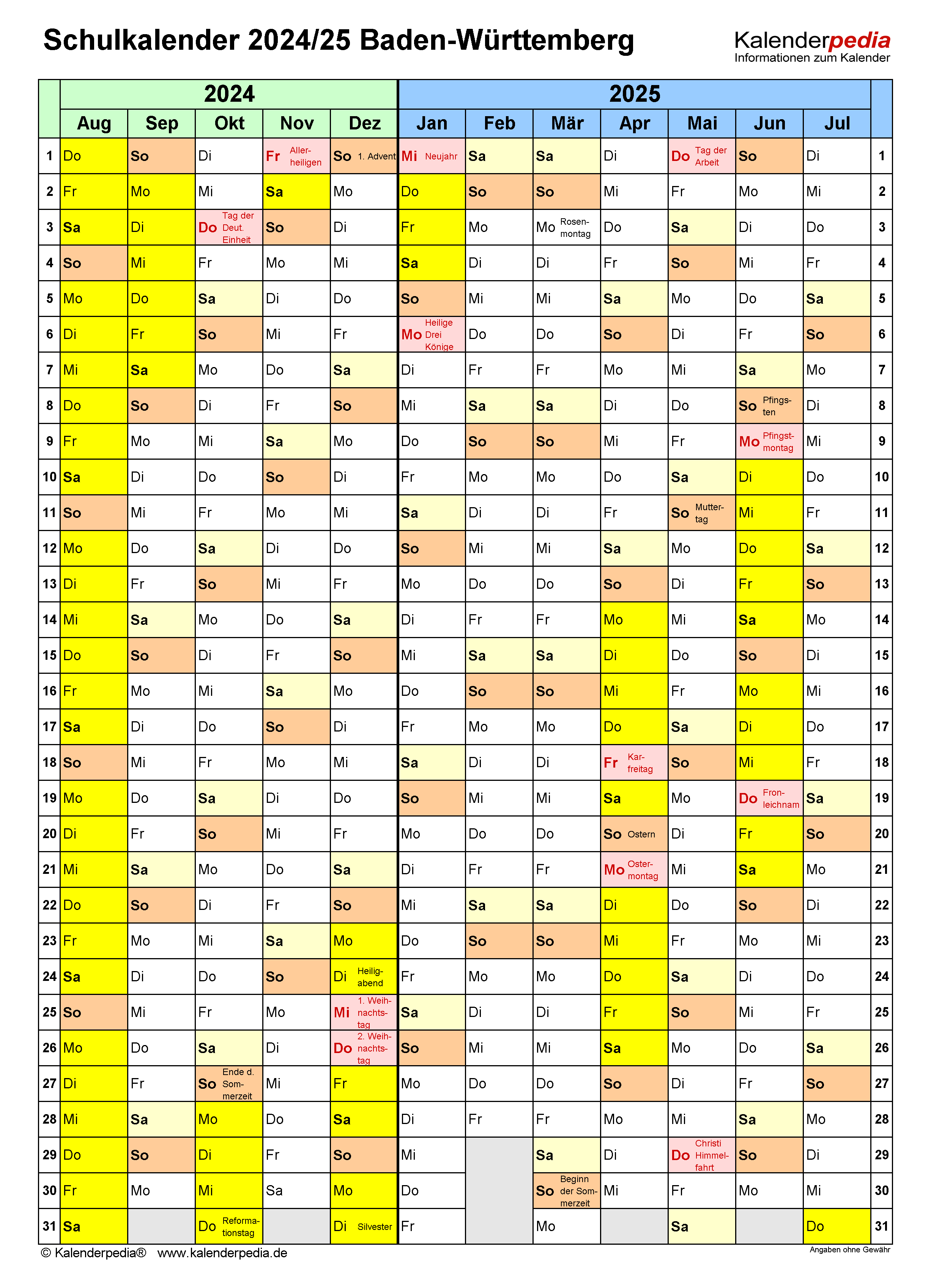  Schulkalender 2024/2025 Baden-Württemberg für PDF Motiv 
