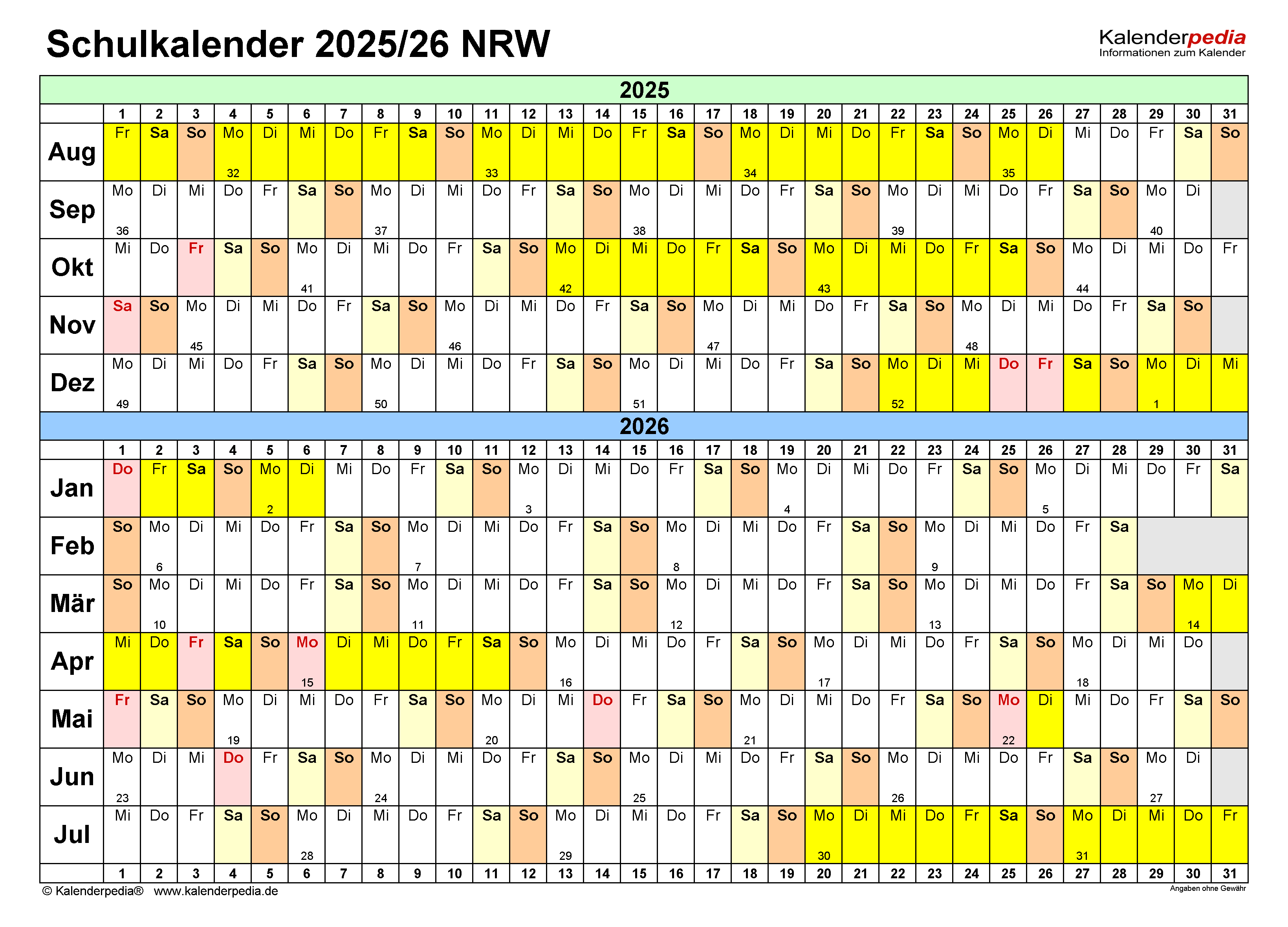  Schulkalender 2025/2026 NRW für Excel Motiv 
