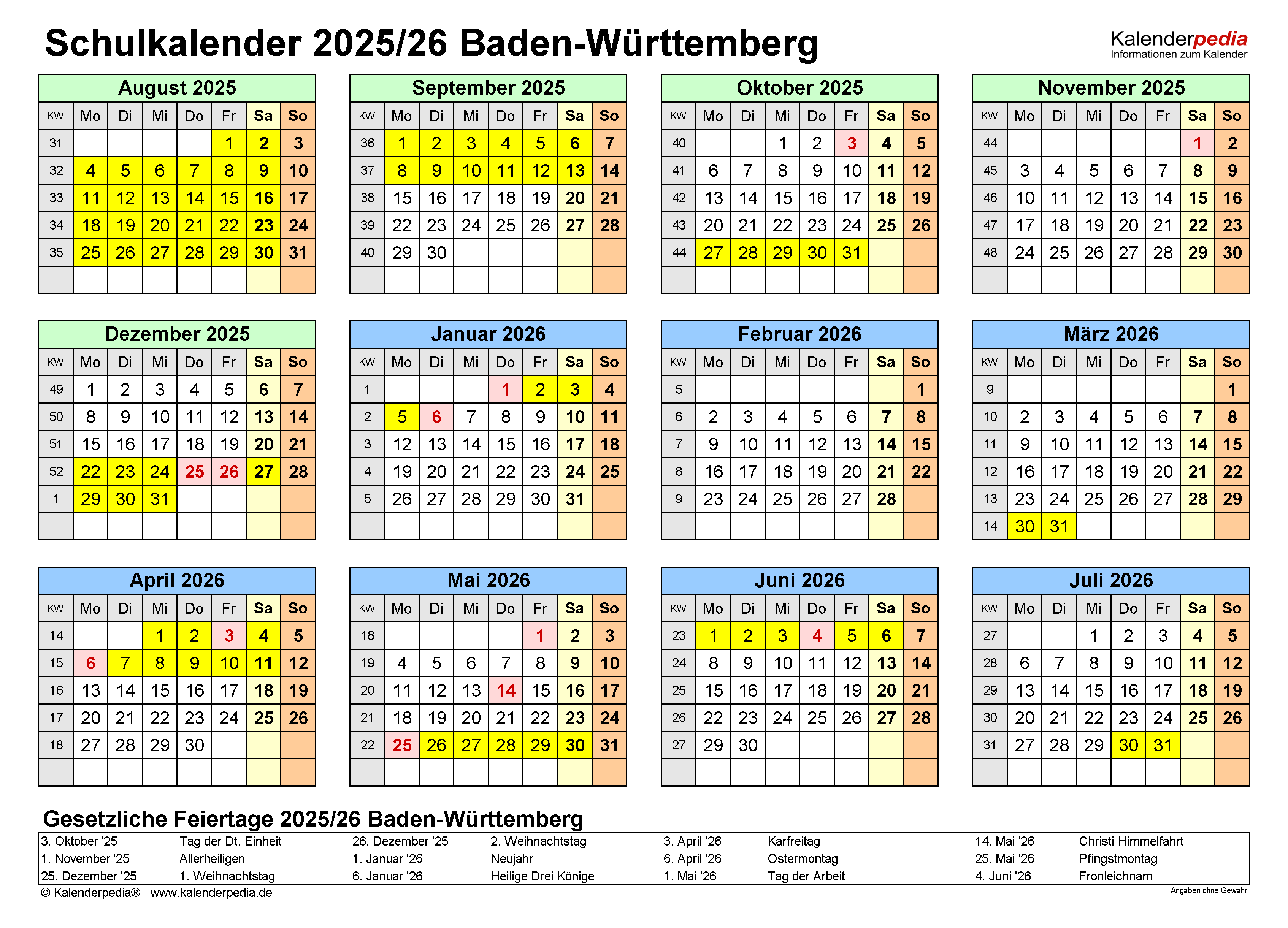  Schulkalender 2025/2026 Baden-Württemberg für PDF Illustration 