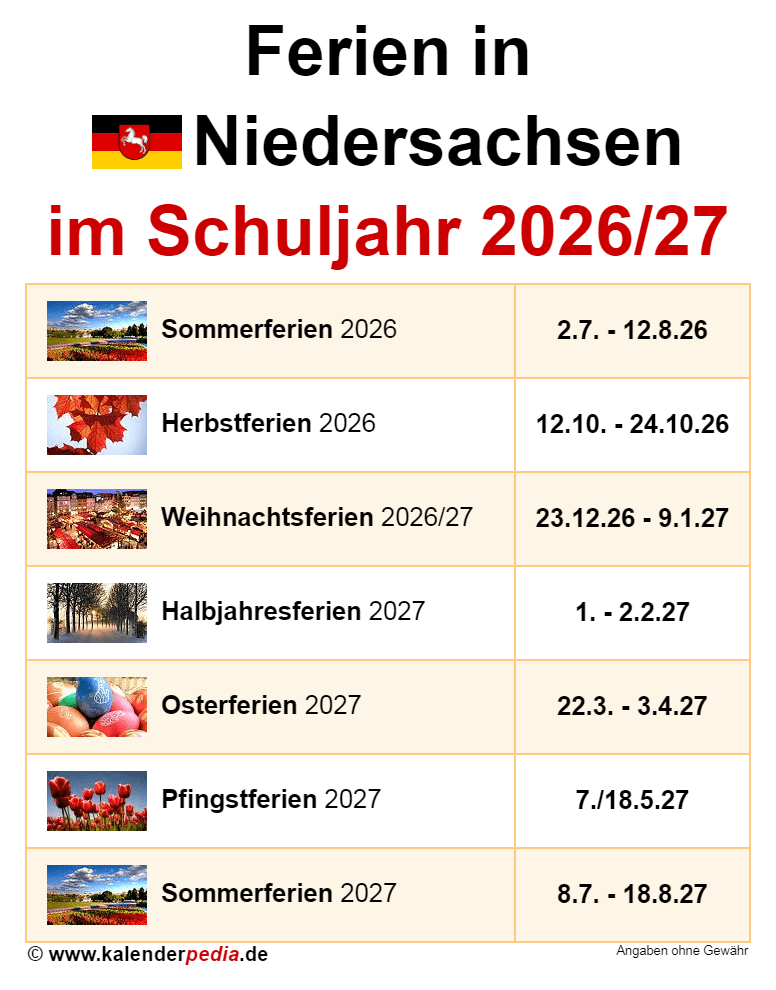 Foto zu Ferien in Niedersachsen im Schuljahr 2026/27 