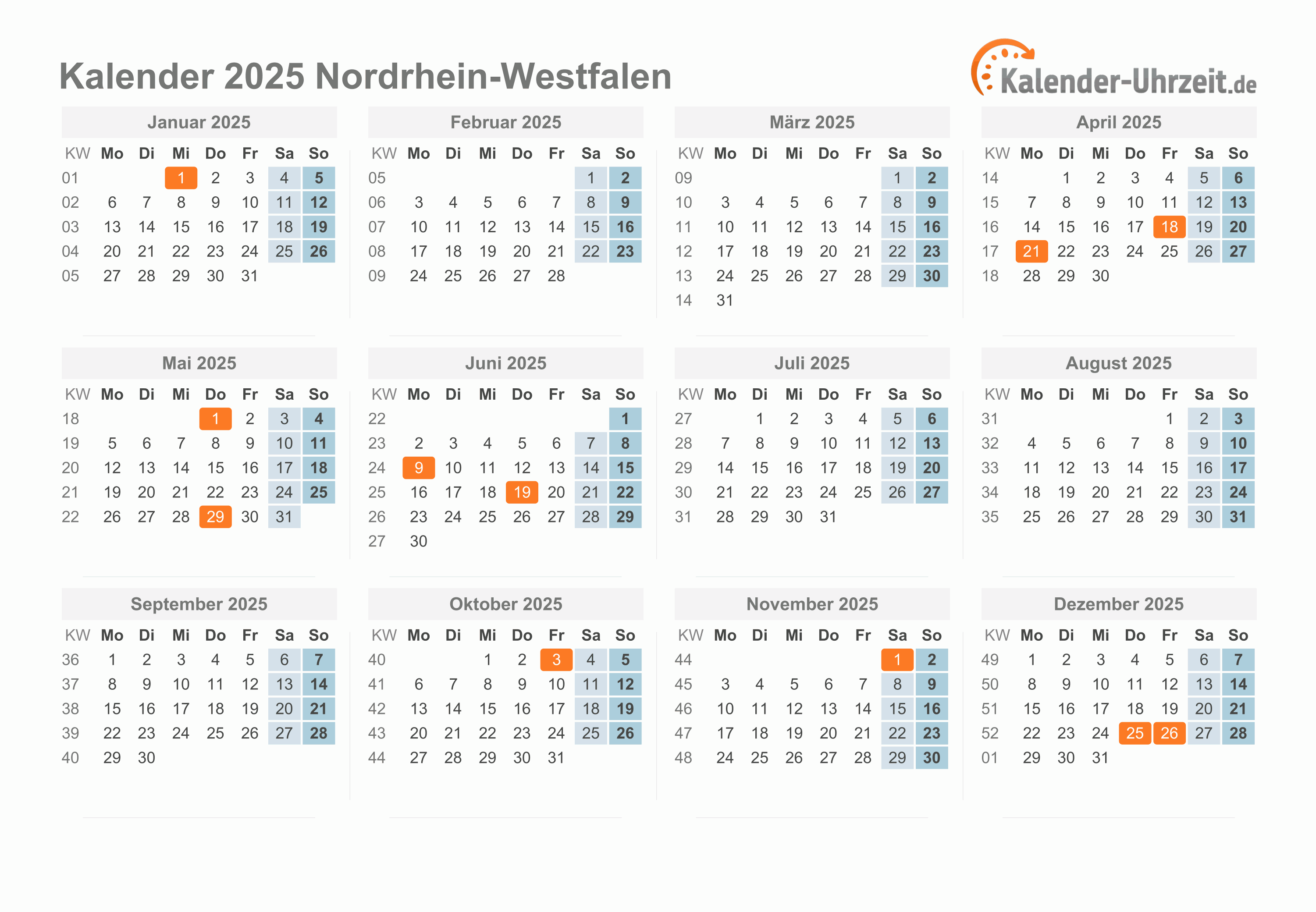  Feiertage 2025 Nordrhein-Westfalen + Kalender Illustration 