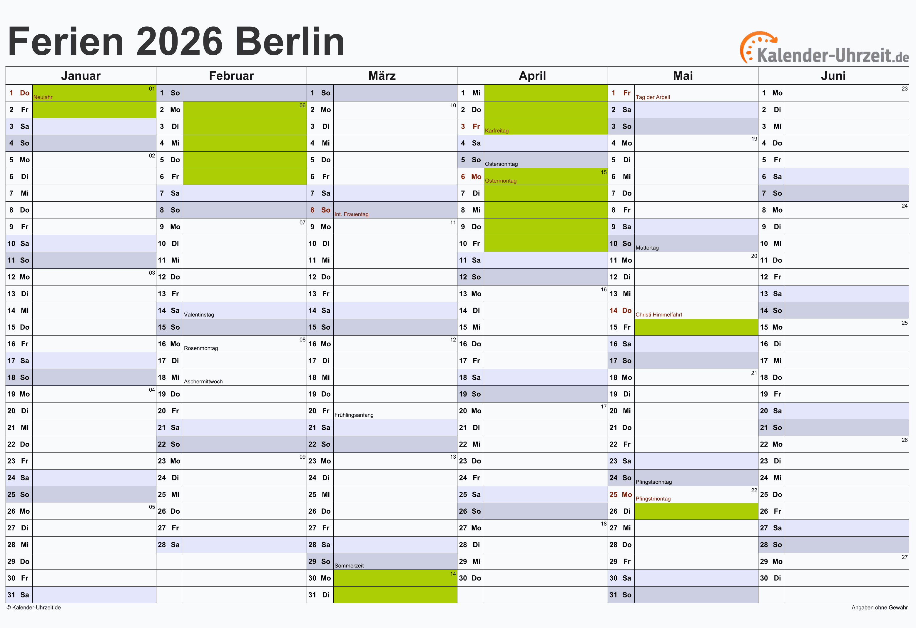  Ferien Berlin 2026 - Ferienkalender zum Ausdrucken Illustration 
