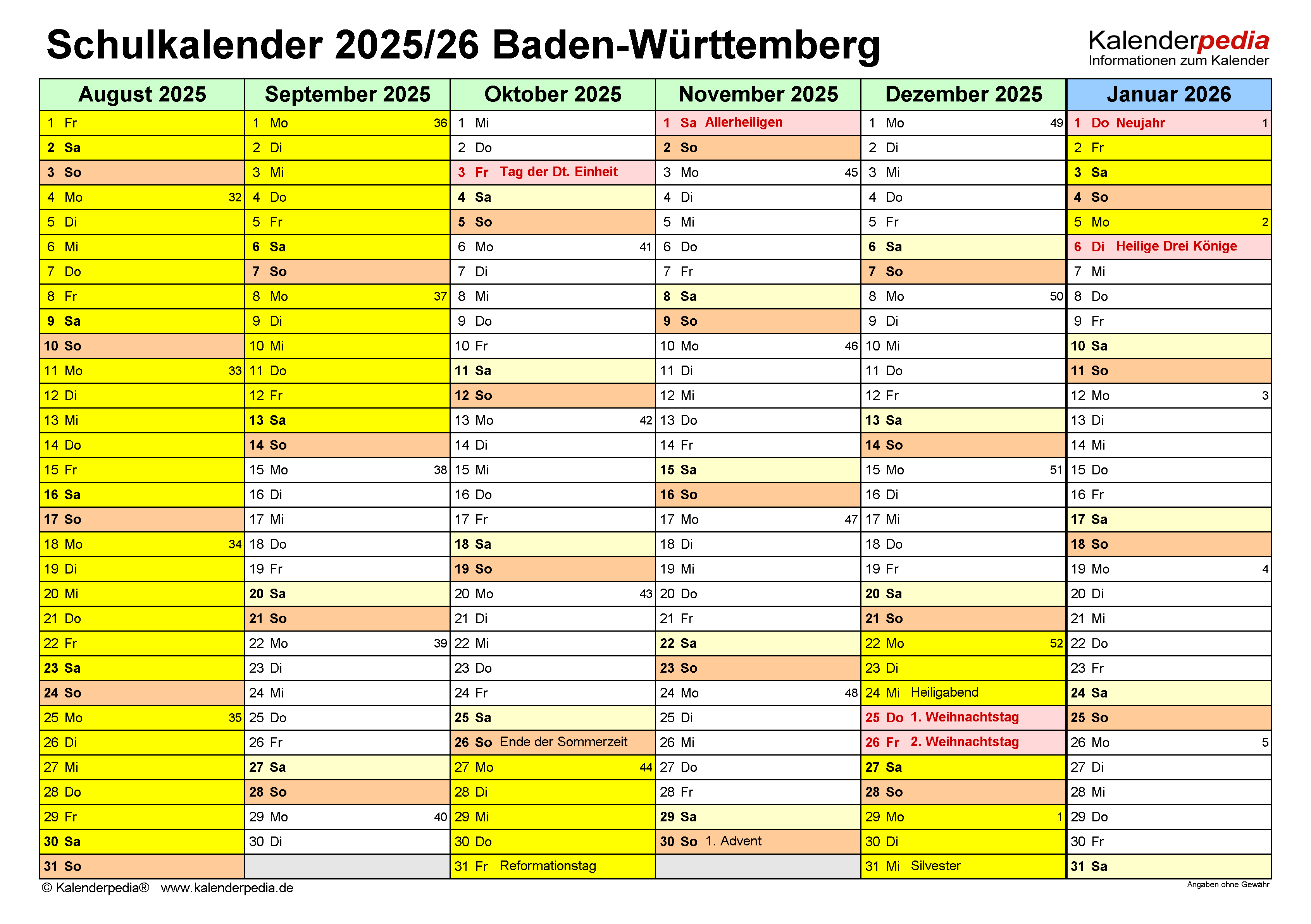  September 2025 Ferien 2026 Baden Illustration 