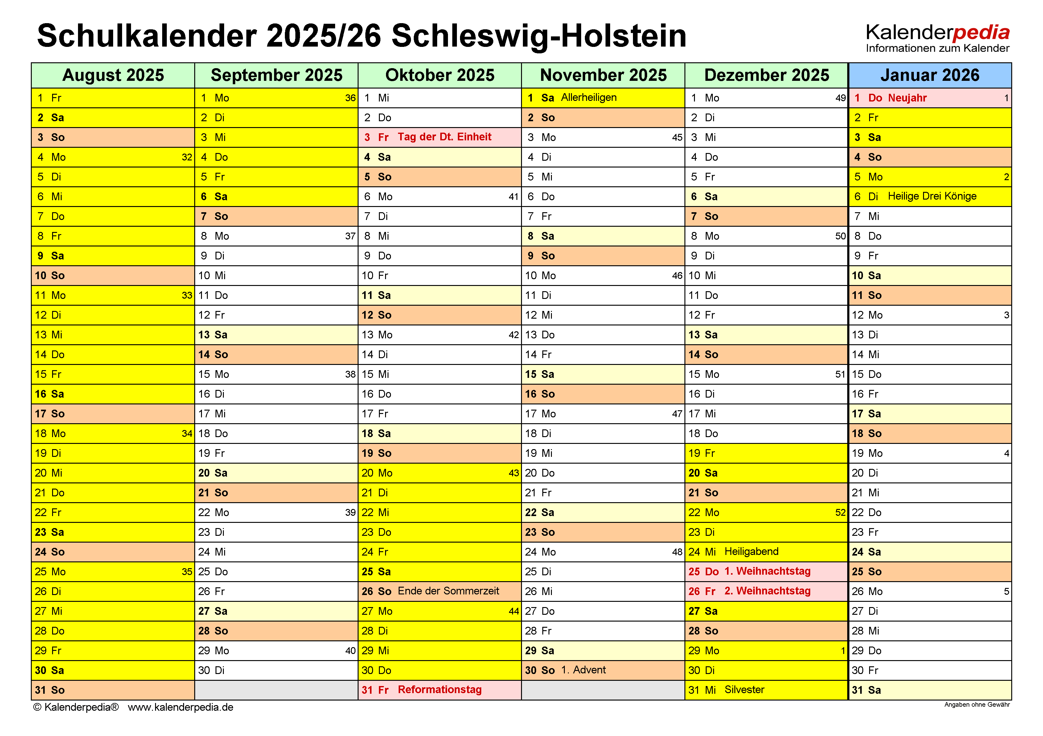  Schulkalender 2025/2026 Schleswig-Holstein für Excel 