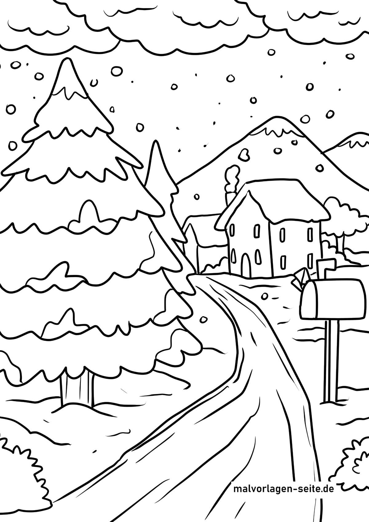  Foto zu Malvorlage Winterlandschaft - Ausmalbild kostenlos herunterladen 