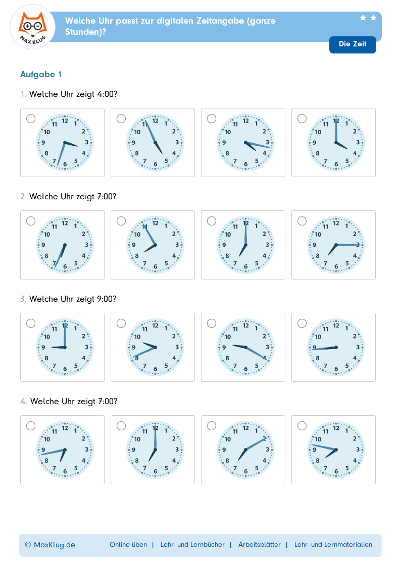  Foto zu Arbeitsblatt: Welche Uhr passt zur digitalen Zeitangabe (ganze Stunden)? 