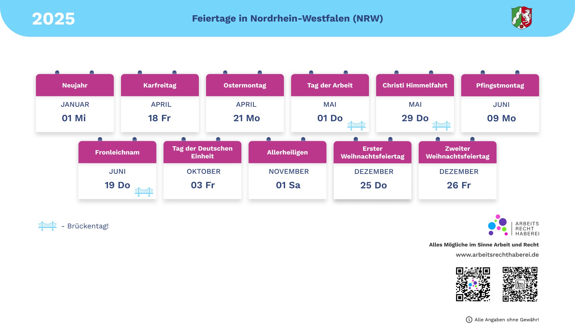  Foto zu Feiertage 2025 in Nordrhein-Westfalen (NRW) - als PDF/ Bild/ ICS 