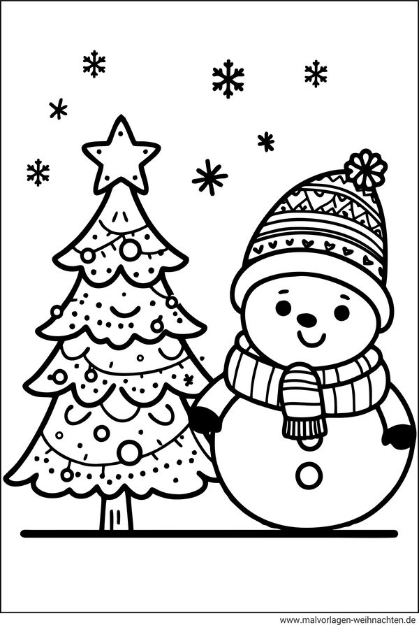  Ausmalbild Weihnachtsbaum Schneemann Illustration 