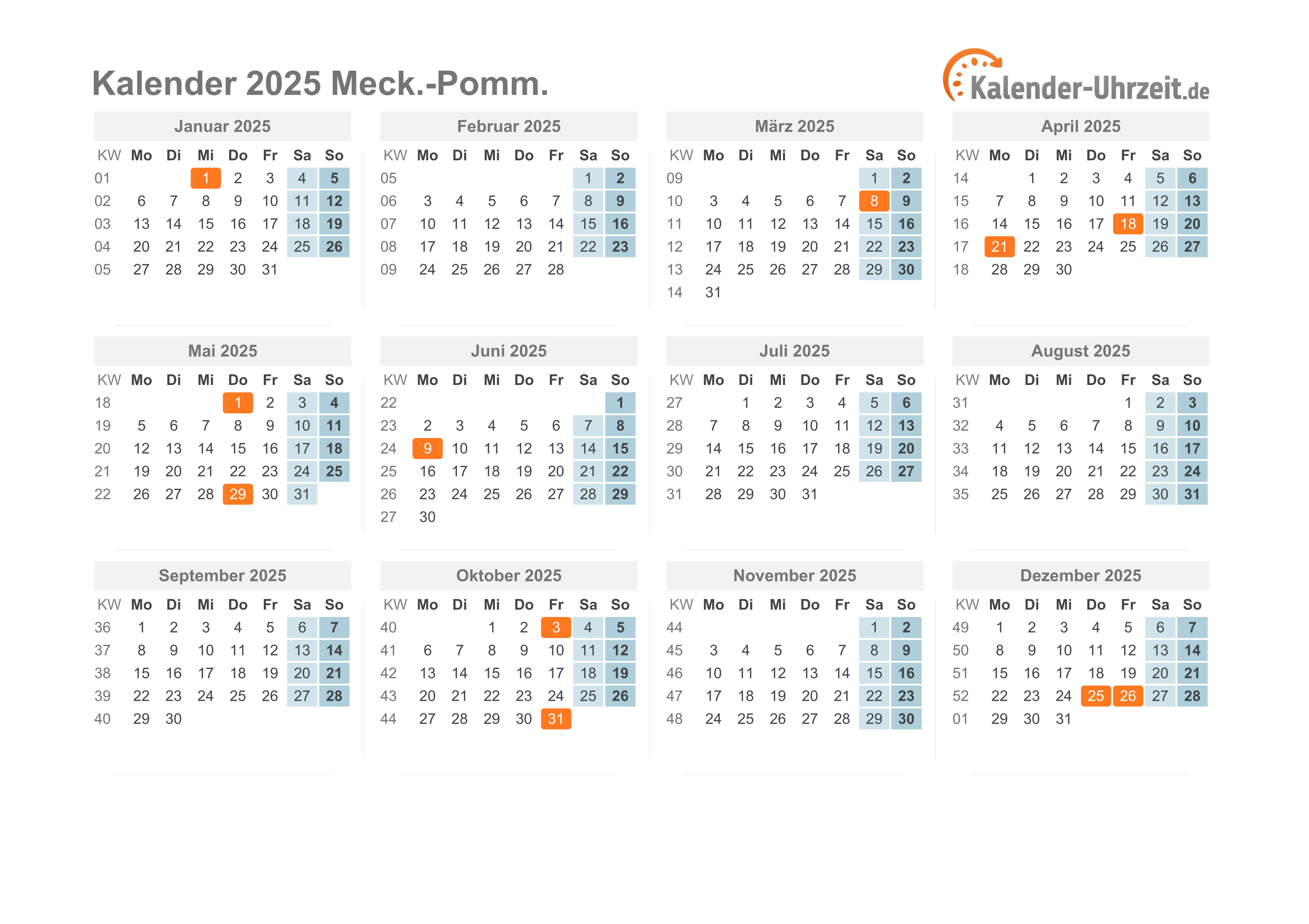  Feiertage 2025 Meck.-Pomm. + Kalender Illustration 